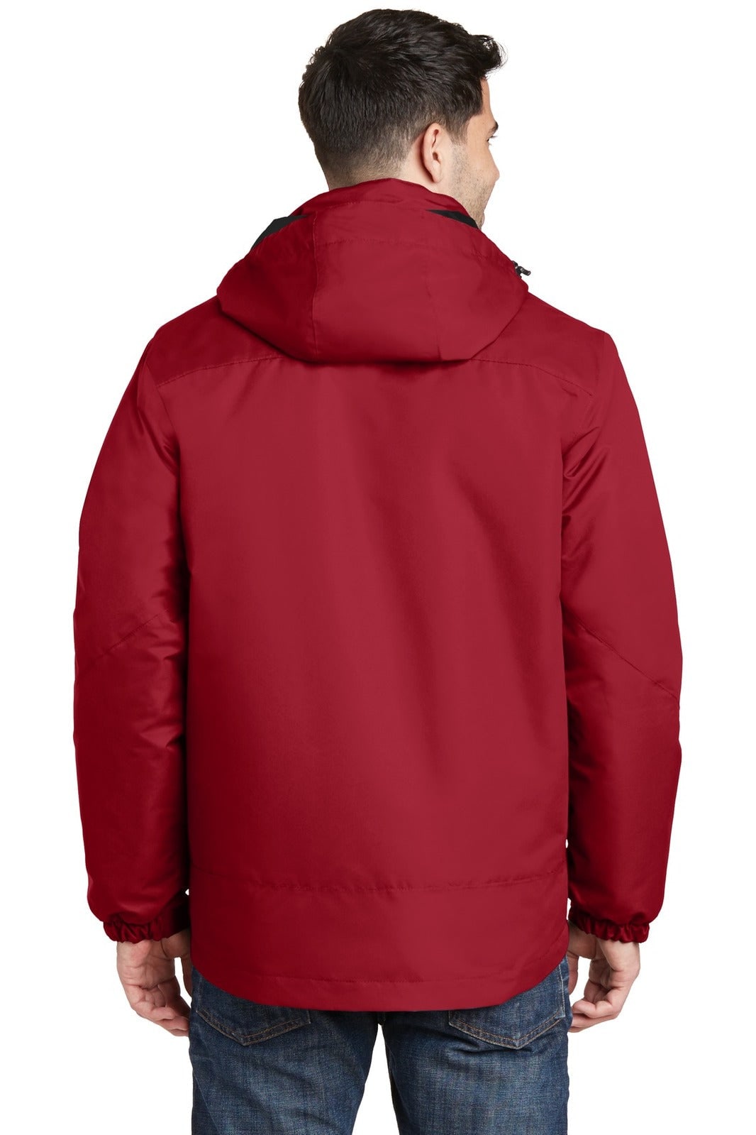 A red waterproof 3-in-1 jacket with a hood, featuring a logo on the back.