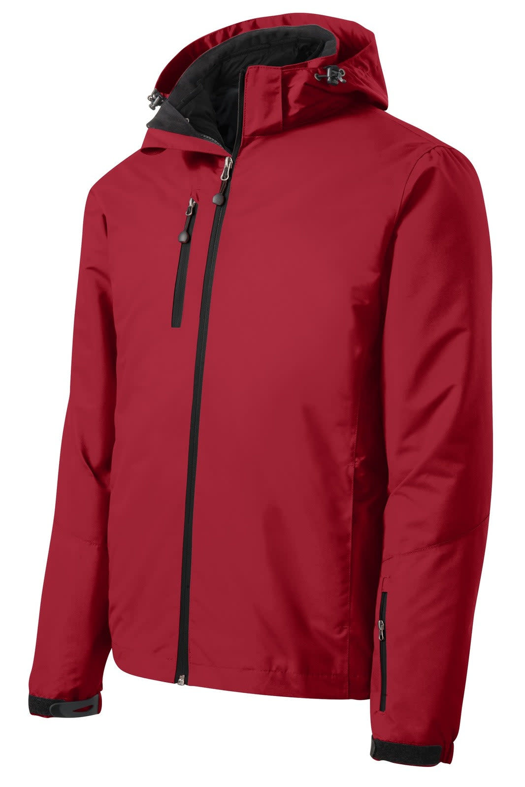 A red waterproof 3-in-1 jacket featuring a hood and multiple zippered pockets. It includes a logo on the jacket.