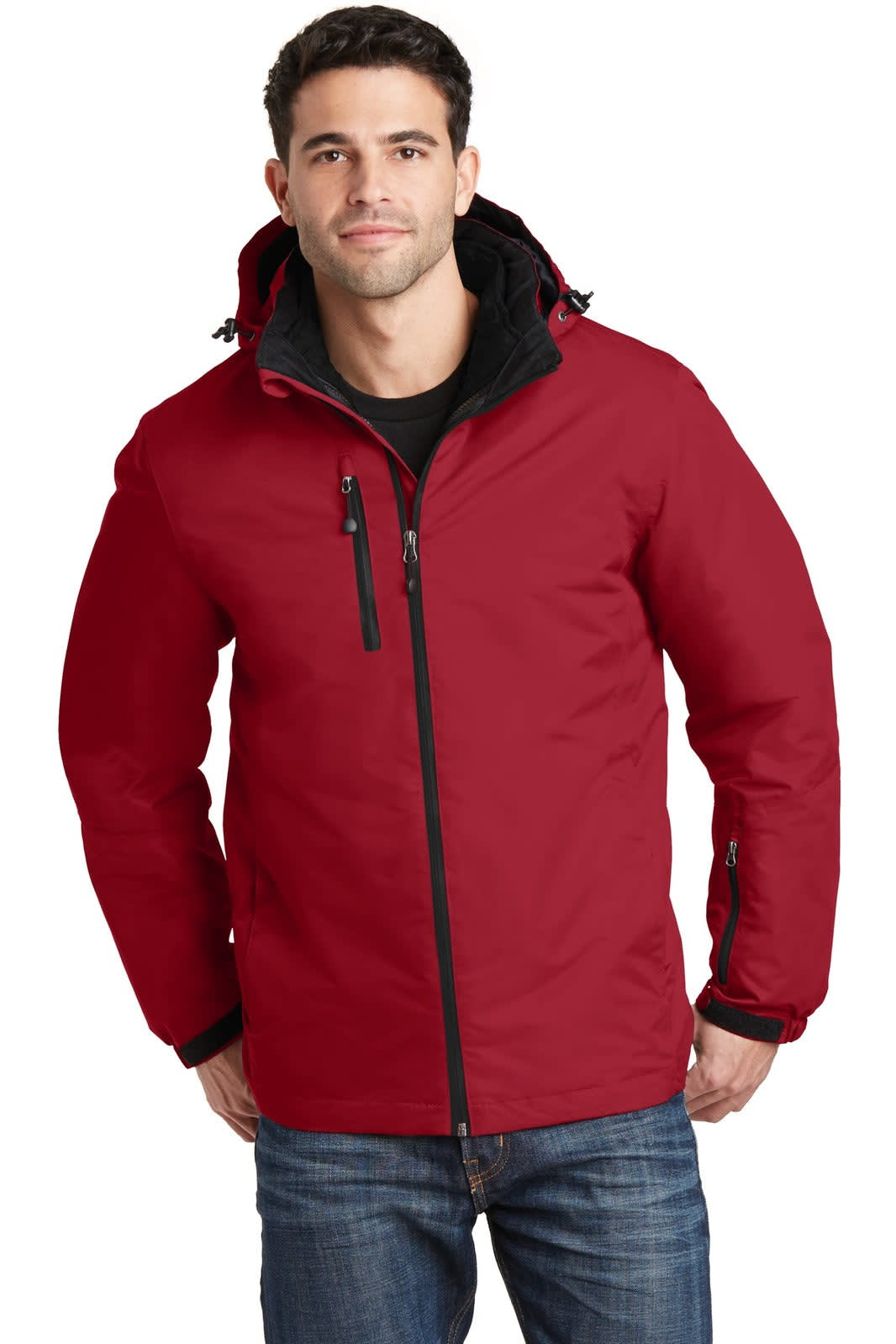 A red waterproof 3-in-1 jacket features a zippered front and hood, worn by a man against a neutral background.