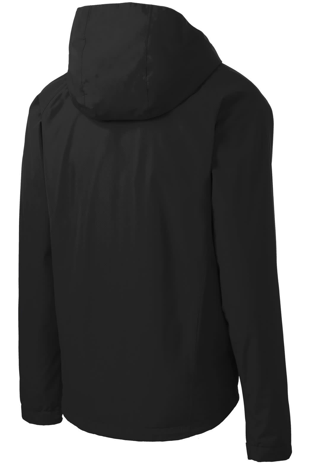 A black waterproof jacket with a hood, featuring long sleeves and a minimalist design, includes a logo.