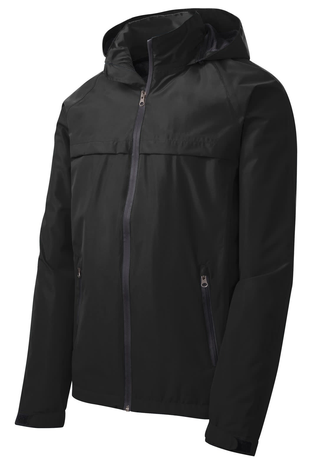 A black waterproof jacket with a hood and zippered pockets, featuring a logo on the front.