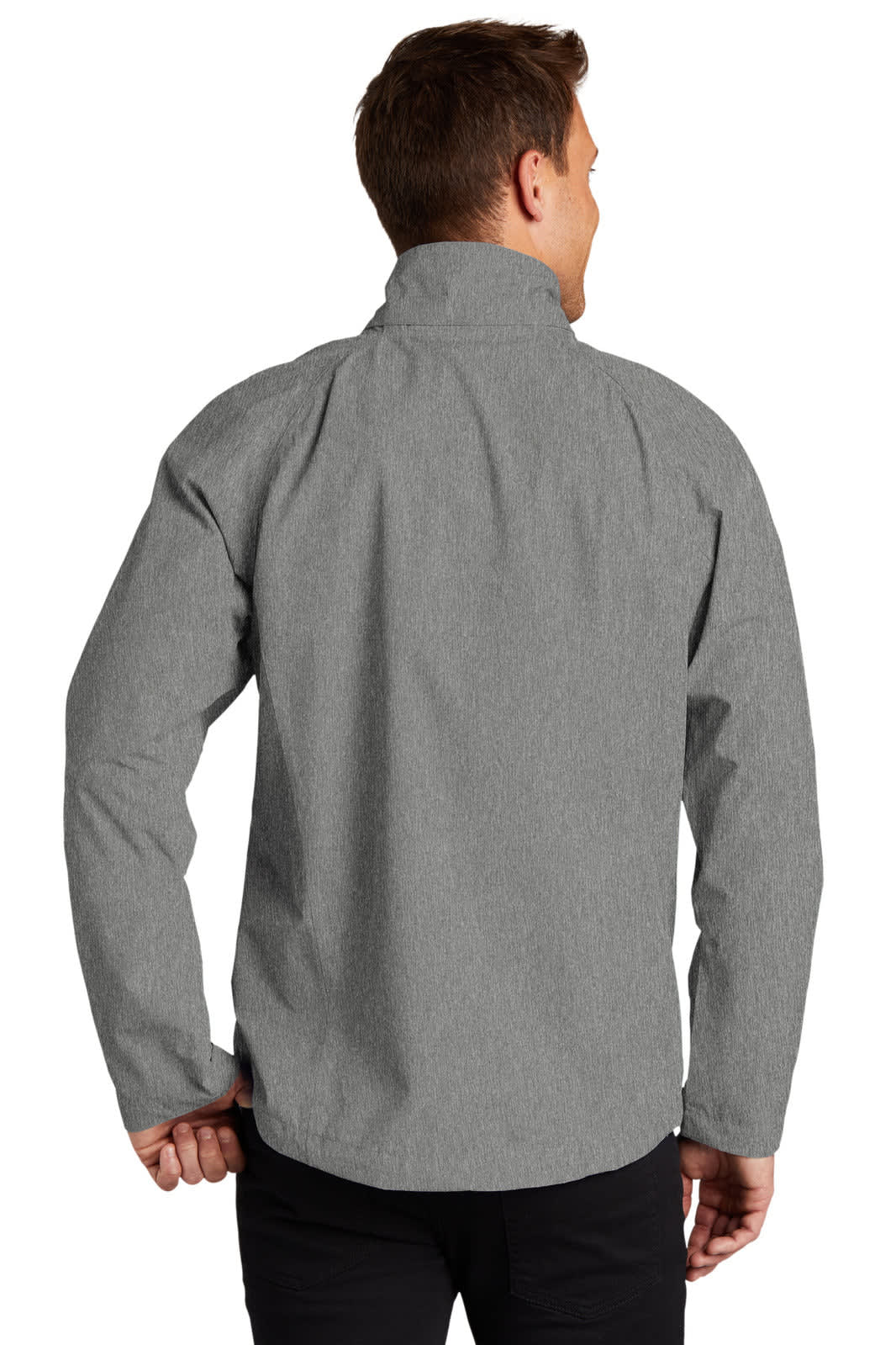 A grey Port Authority Torrent Waterproof Jacket is displayed from the back, featuring a collar and long sleeves.