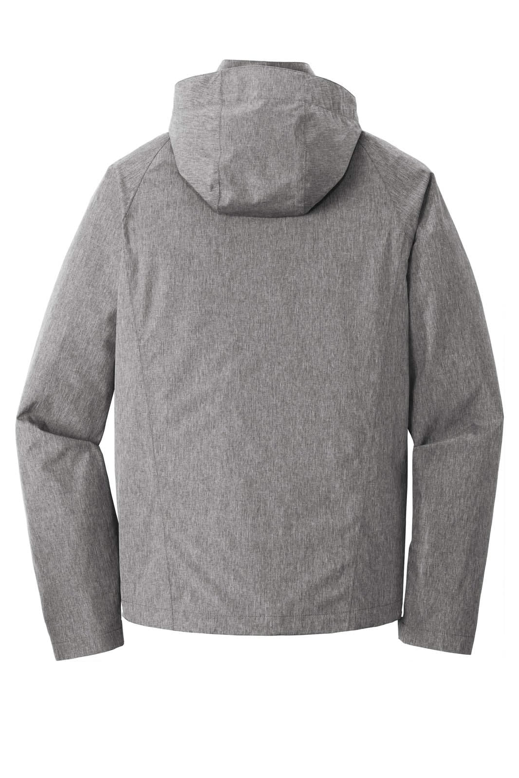 A grey waterproof jacket with a hood, featuring a logo, viewed from the back.