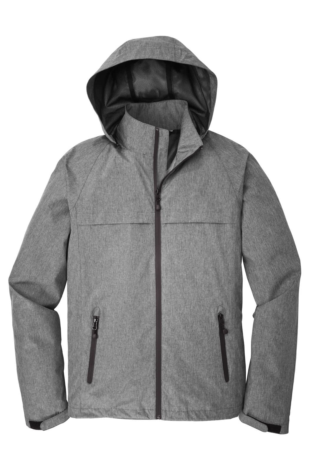 A grey waterproof jacket featuring a hood and zippered pockets, with an inner lining and branding.