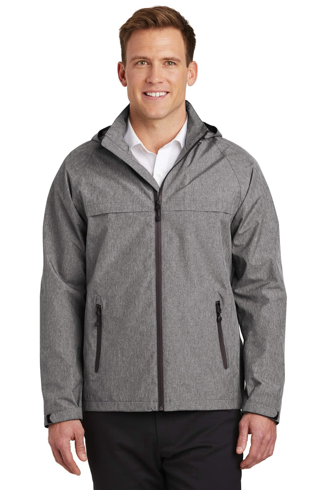 A man wearing a grey Port Authority Torrent Waterproof Jacket with a hood, featuring a branding logo.