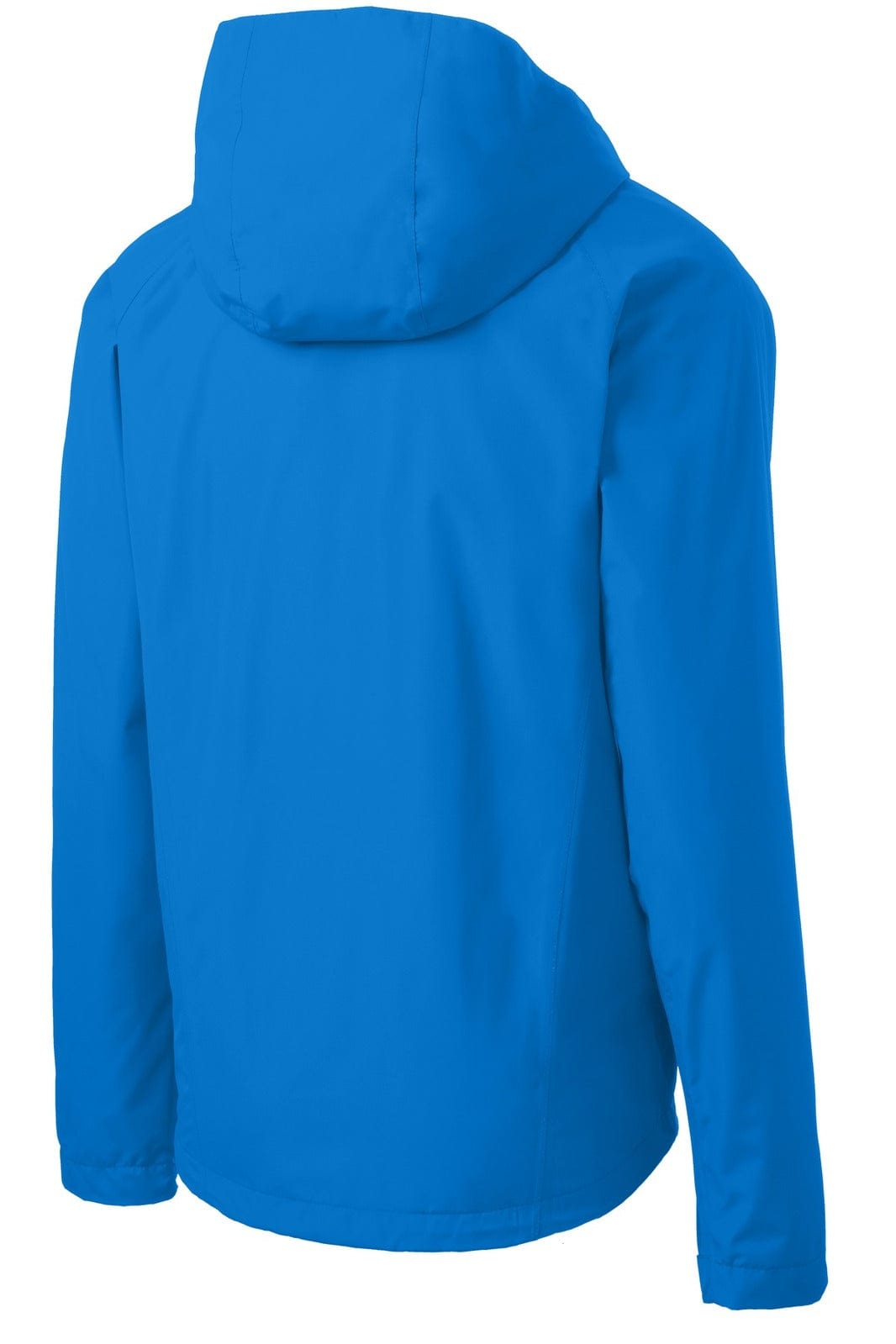 A blue Port Authority Torrent Waterproof Jacket with a hood, featuring a logo on the back.