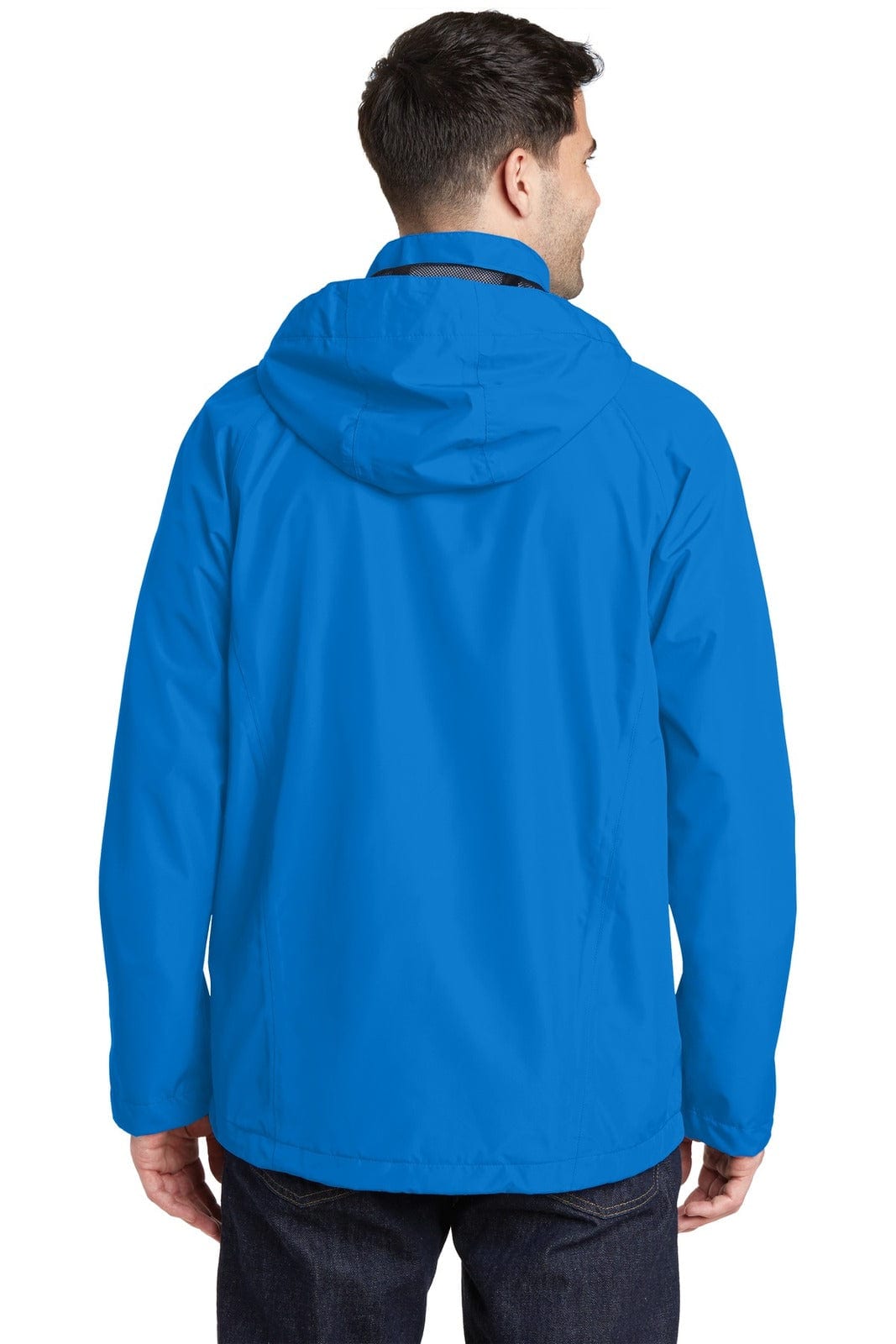 A blue waterproof jacket with a hood, featuring a logo, viewed from the back on a model.
