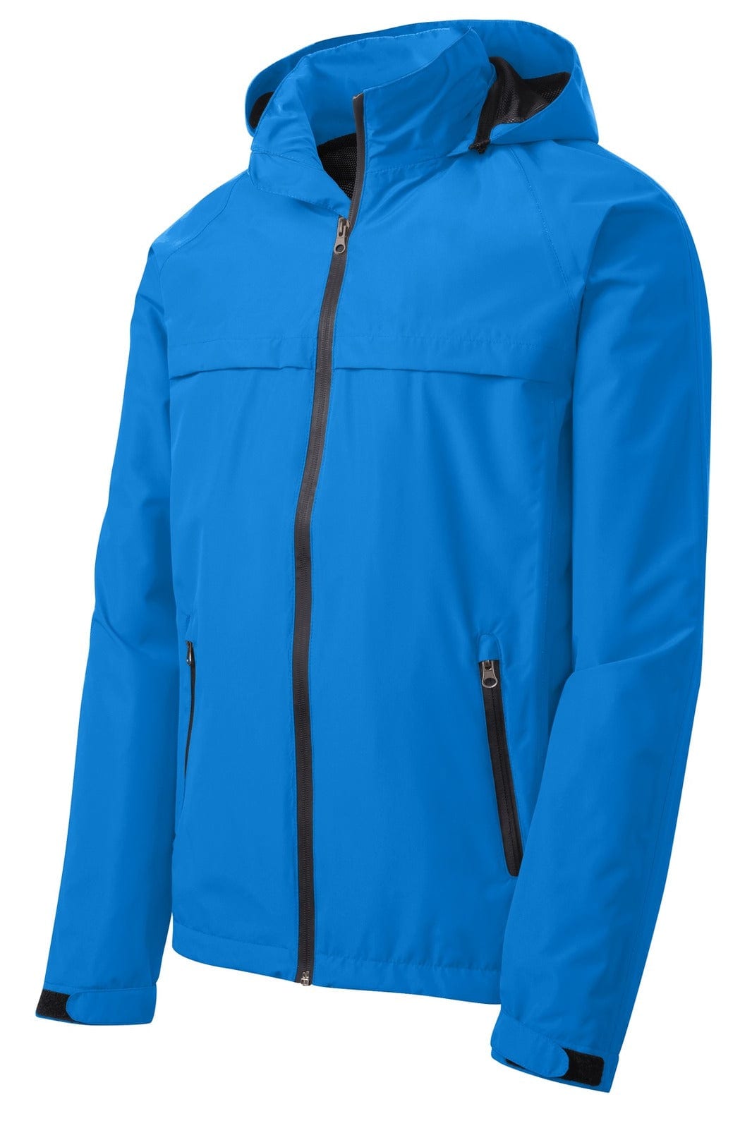 A blue Port Authority Torrent Waterproof Jacket with a hood and zippered front, featuring black accents.