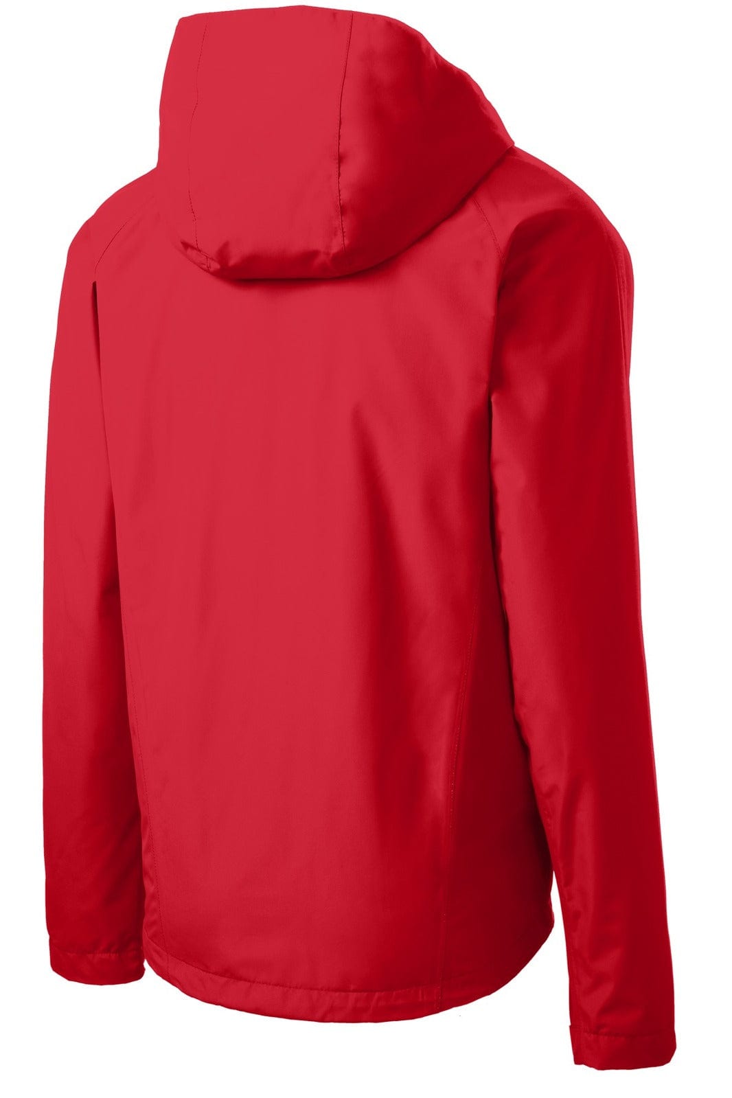 A red waterproof jacket with a hood, featuring long sleeves and a simple design. It has a logo on the back.