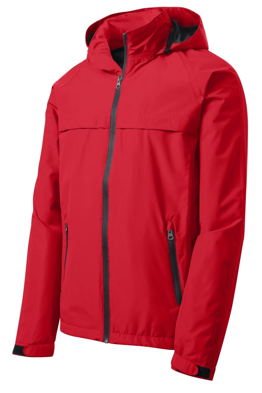 A red waterproof jacket with a hood, featuring black zipper details and pockets, presented at an angle.