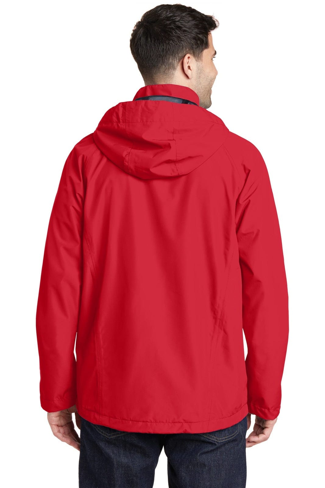 A red waterproof jacket with a hood, featuring a logo, shown from the back.