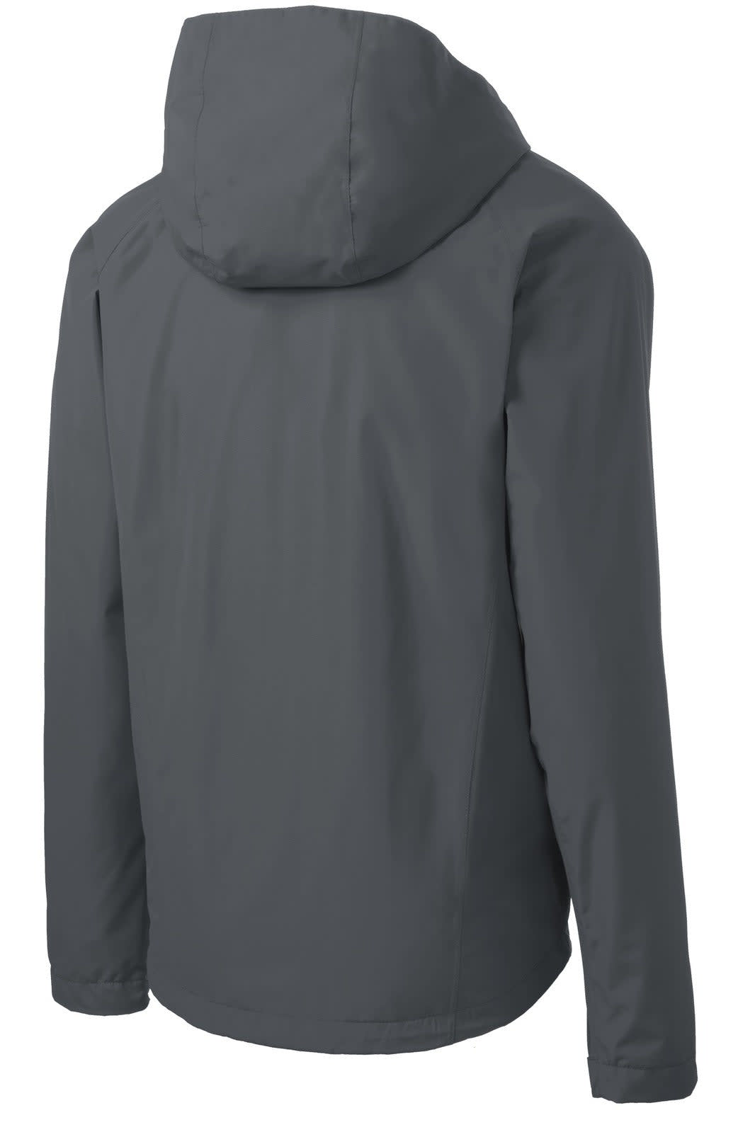 A grey waterproof jacket with a hood, featuring a logo on the back, designed for rain protection.