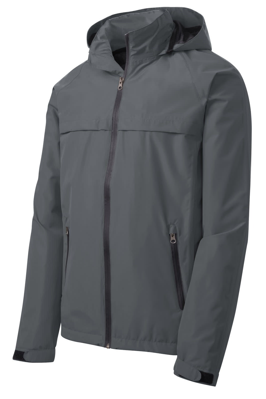 A grey waterproof jacket with a hood and zipper front, featuring two side pockets and a logo.