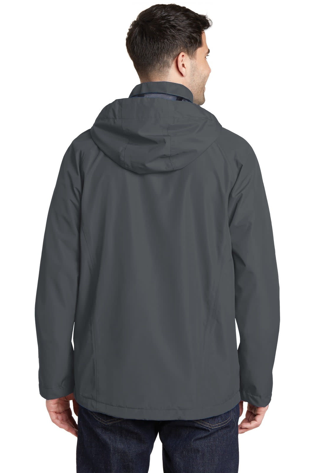 A man wearing a grey Port Authority Torrent Waterproof Jacket, showing the back view and a hood.
