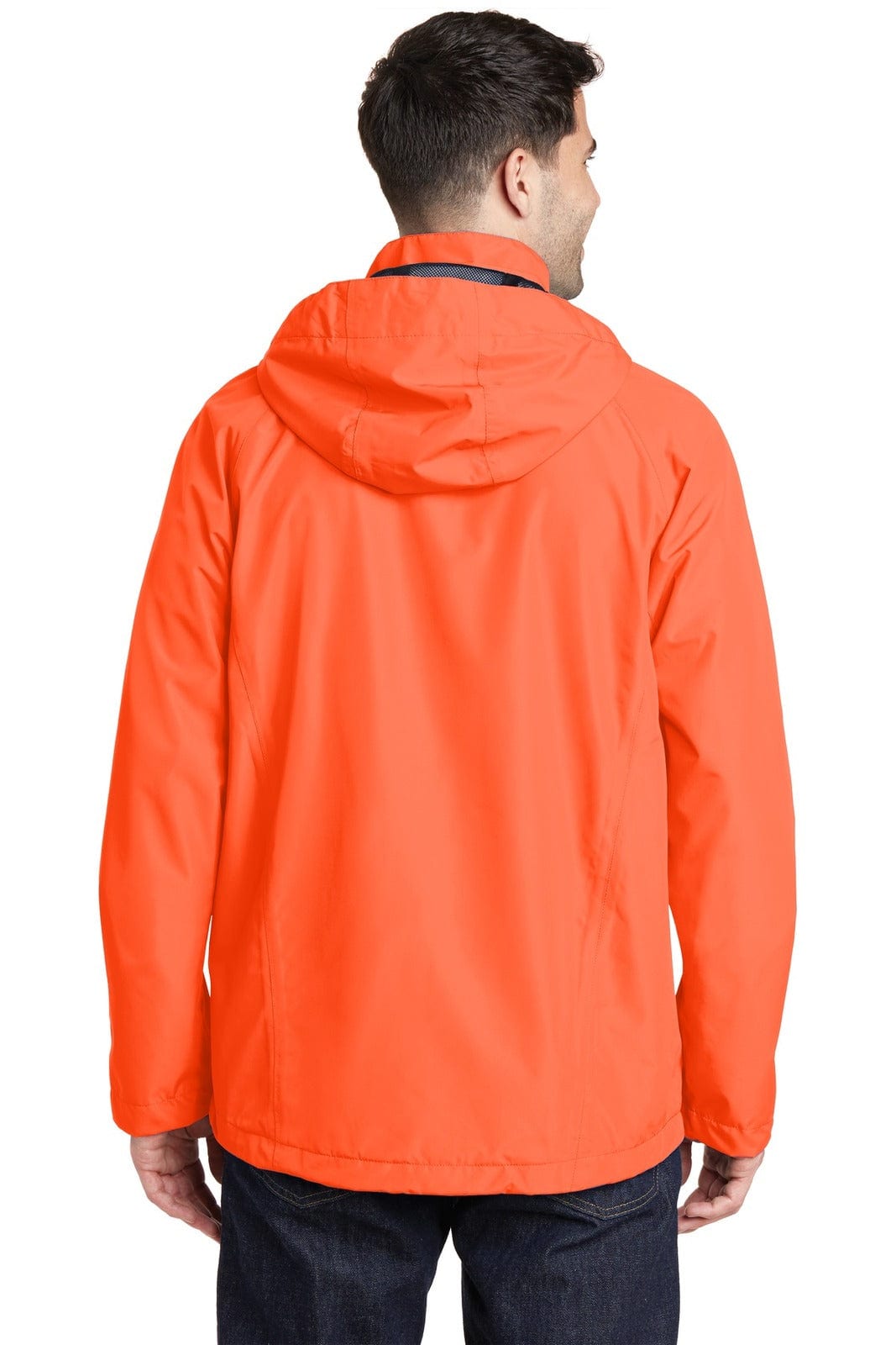 An orange waterproof jacket with a hood, featuring a logo, viewed from the back.