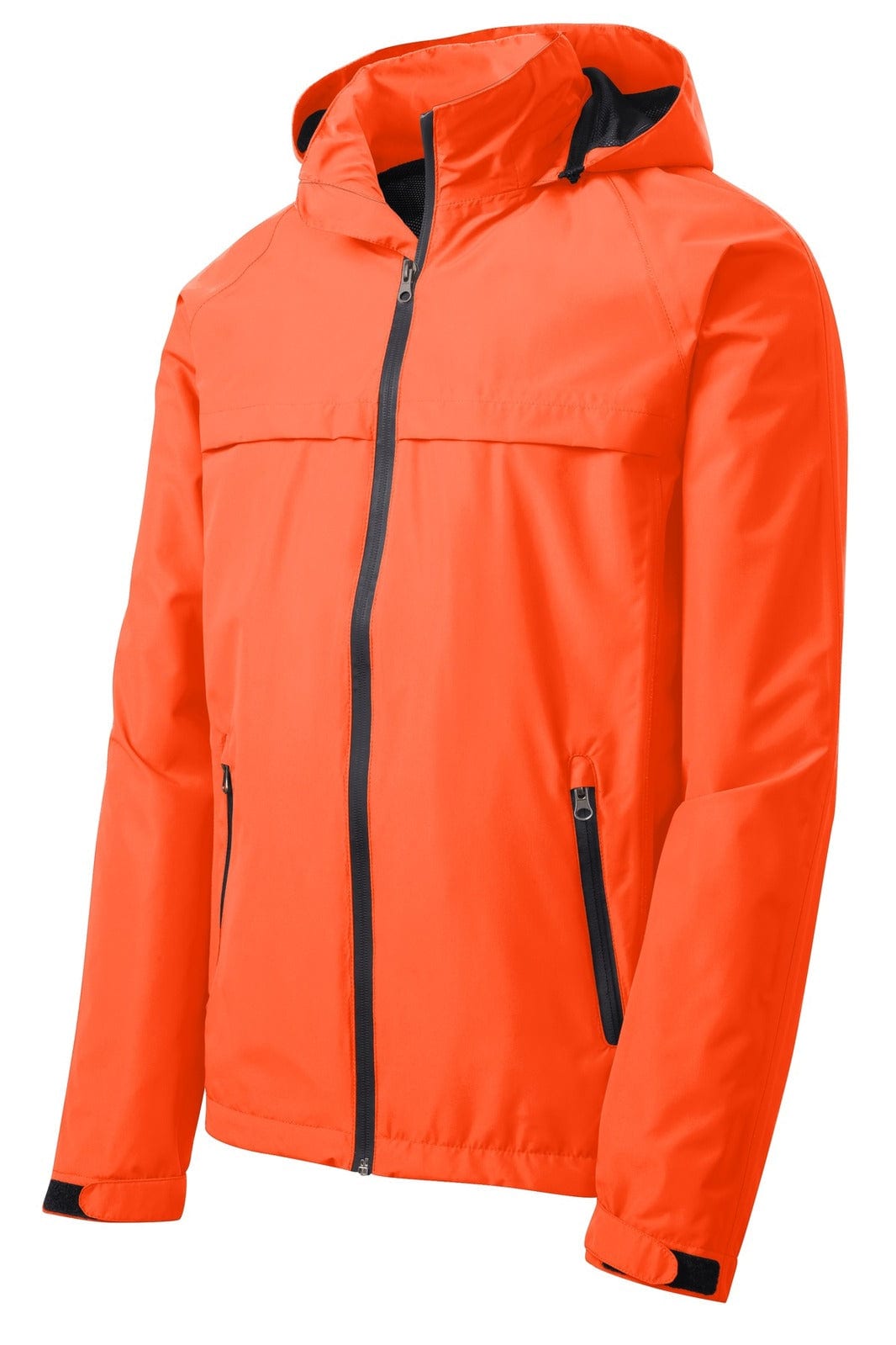An orange waterproof jacket with a hood, featuring zippered pockets and a contrasting black trim. Includes branding.