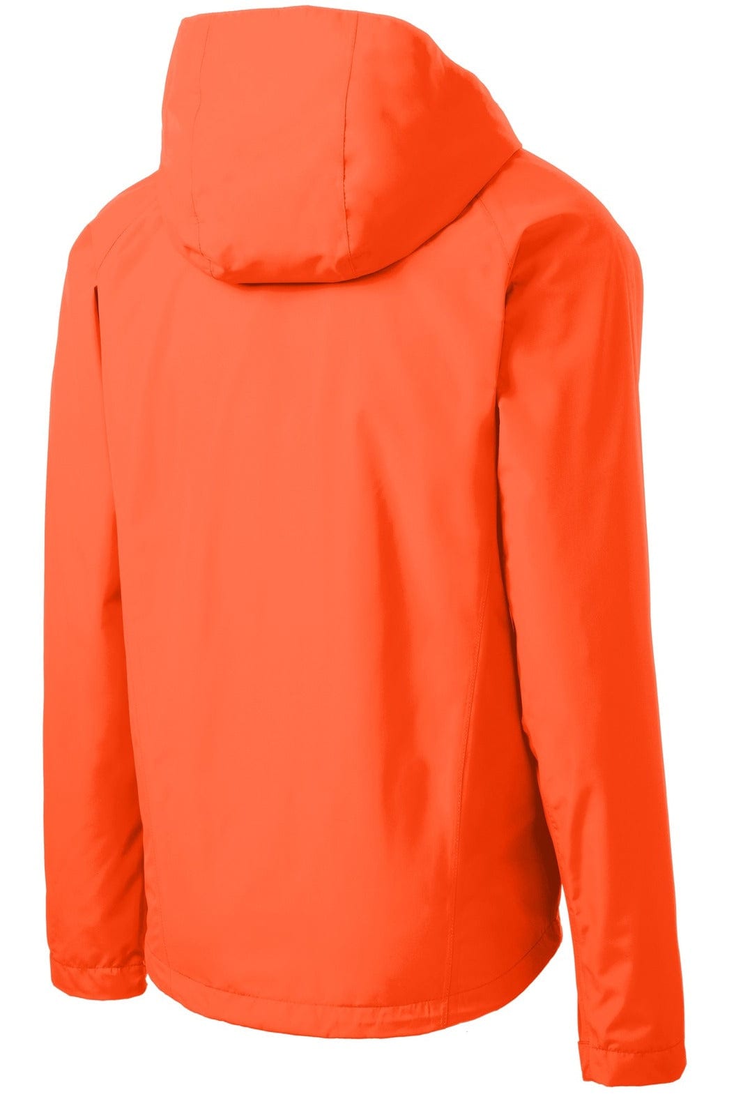 An orange waterproof jacket featuring a hood, with a simple design and a logo on the back.