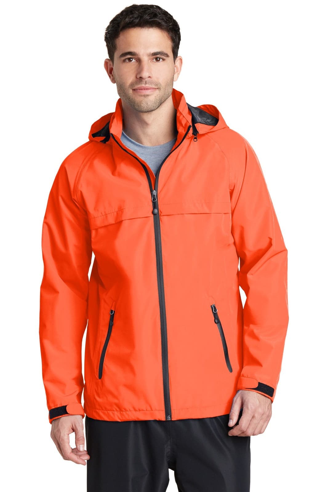 An orange waterproof jacket with a hood and zippered pockets, featuring a branding logo.