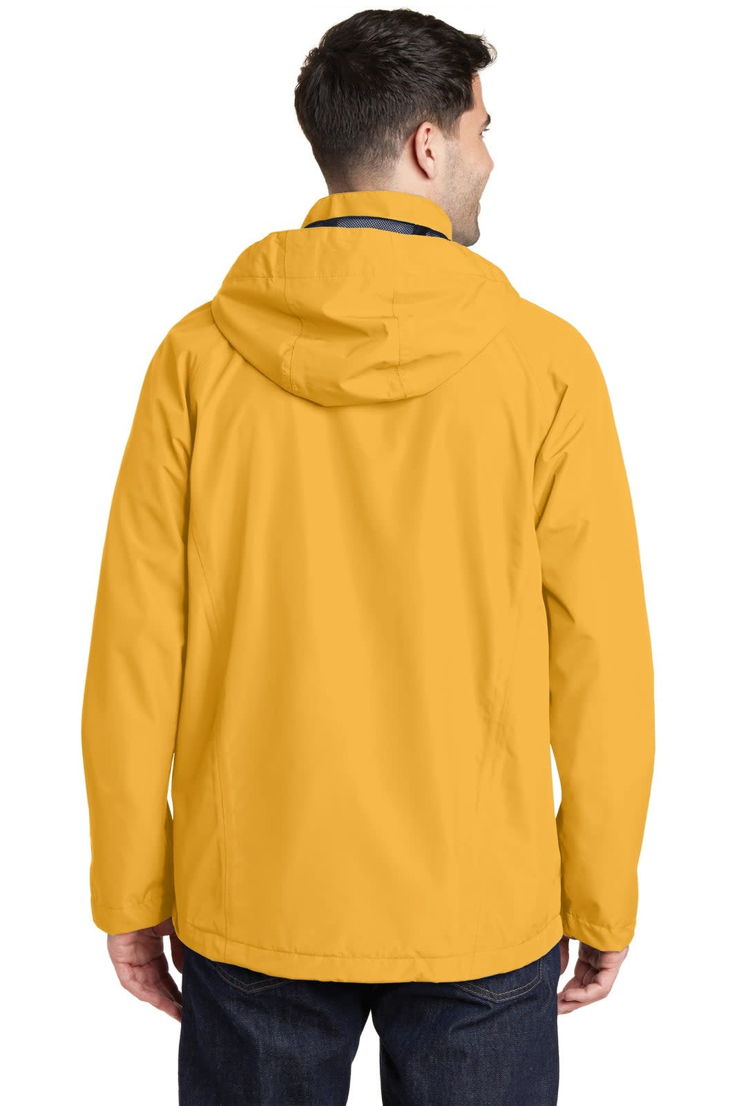 A waterproof jacket in vibrant yellow, featuring a hood and a brand logo, displayed from the back.