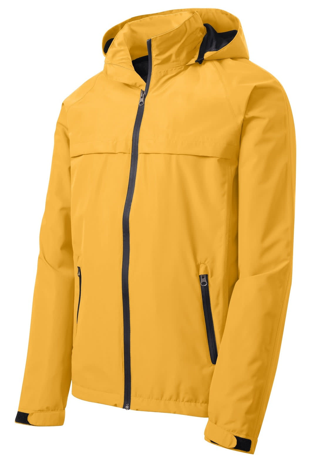 A yellow waterproof jacket with a hood and zippered front, featuring a logo on the chest.