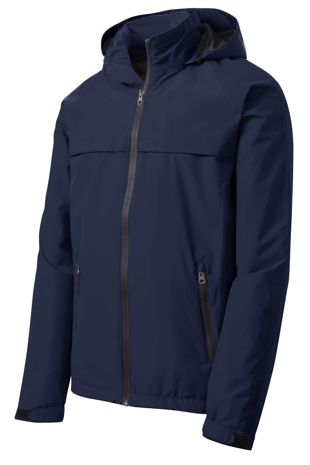 A navy waterproof jacket with a hood and zippered front, featuring a logo on the chest area.