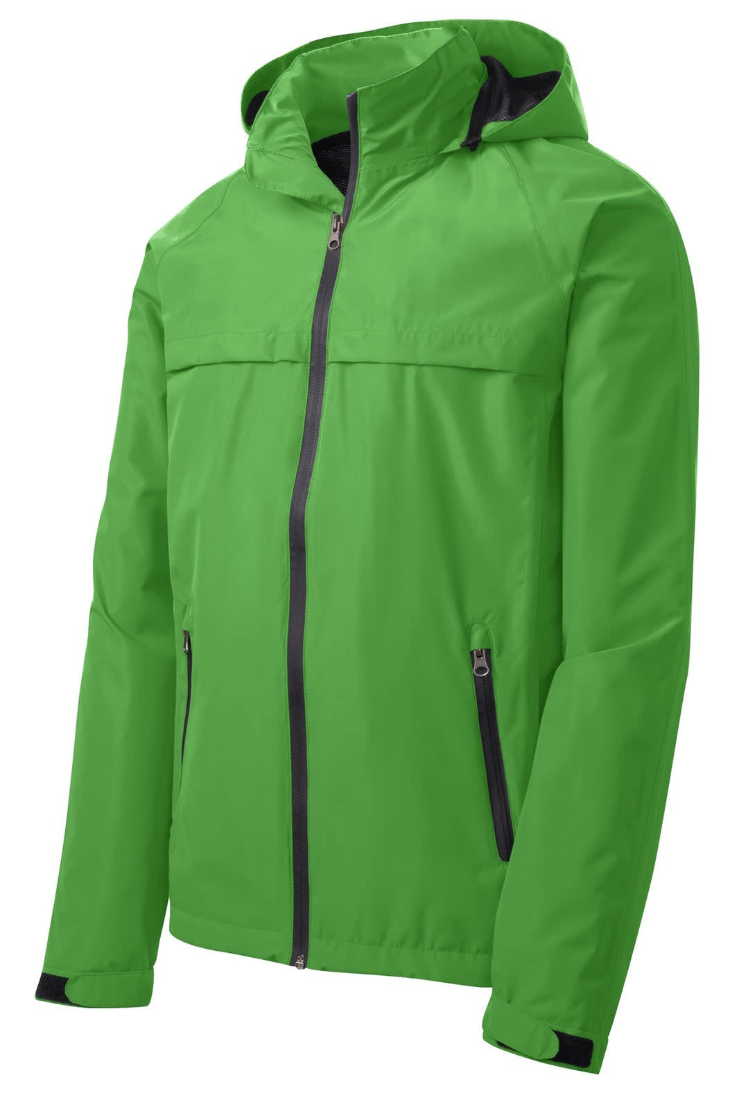 A bright green waterproof jacket with a hood and black zip details. It features a logo on the front.