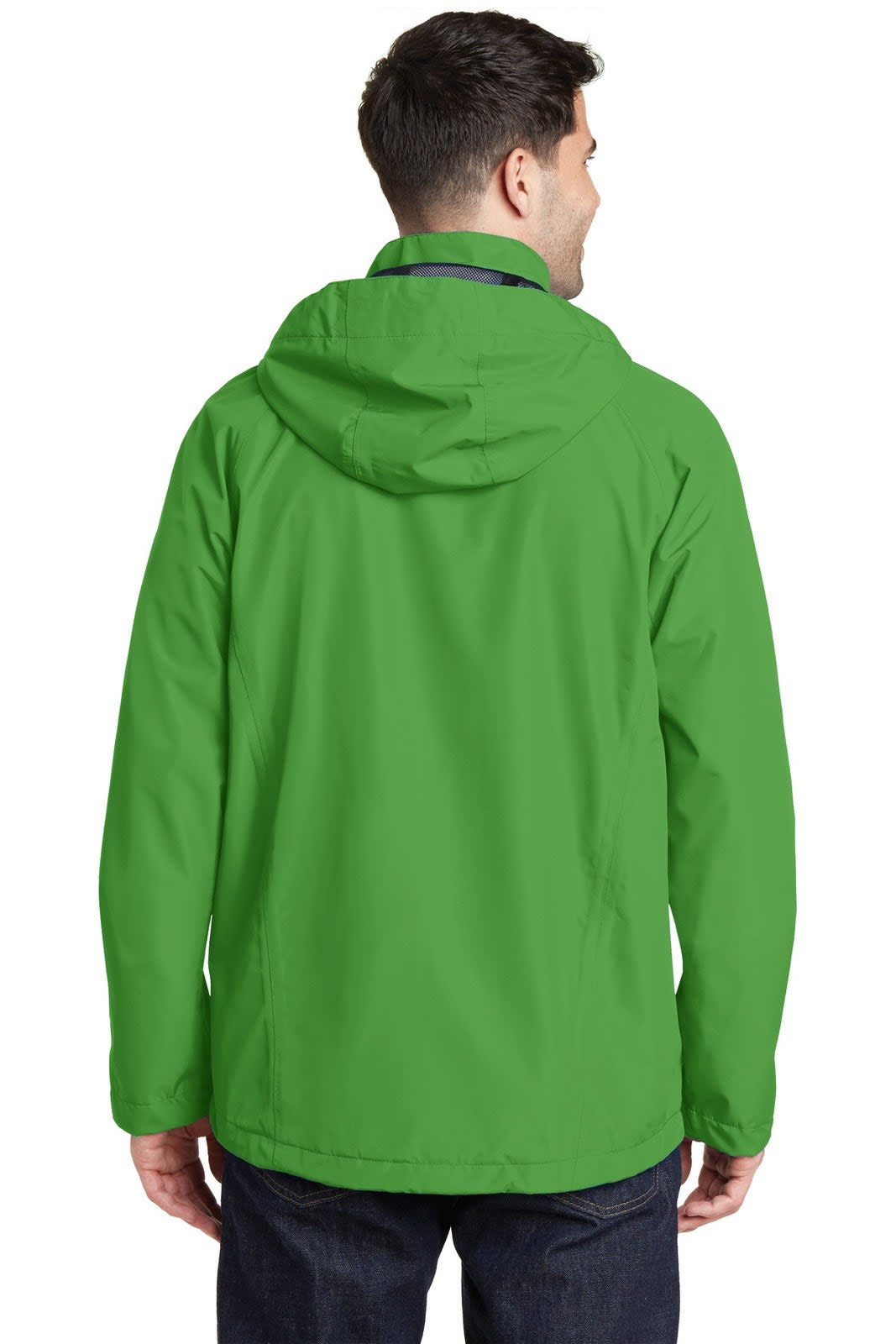 A green waterproof jacket with a hood, featuring a logo on the back, worn by a person facing away.