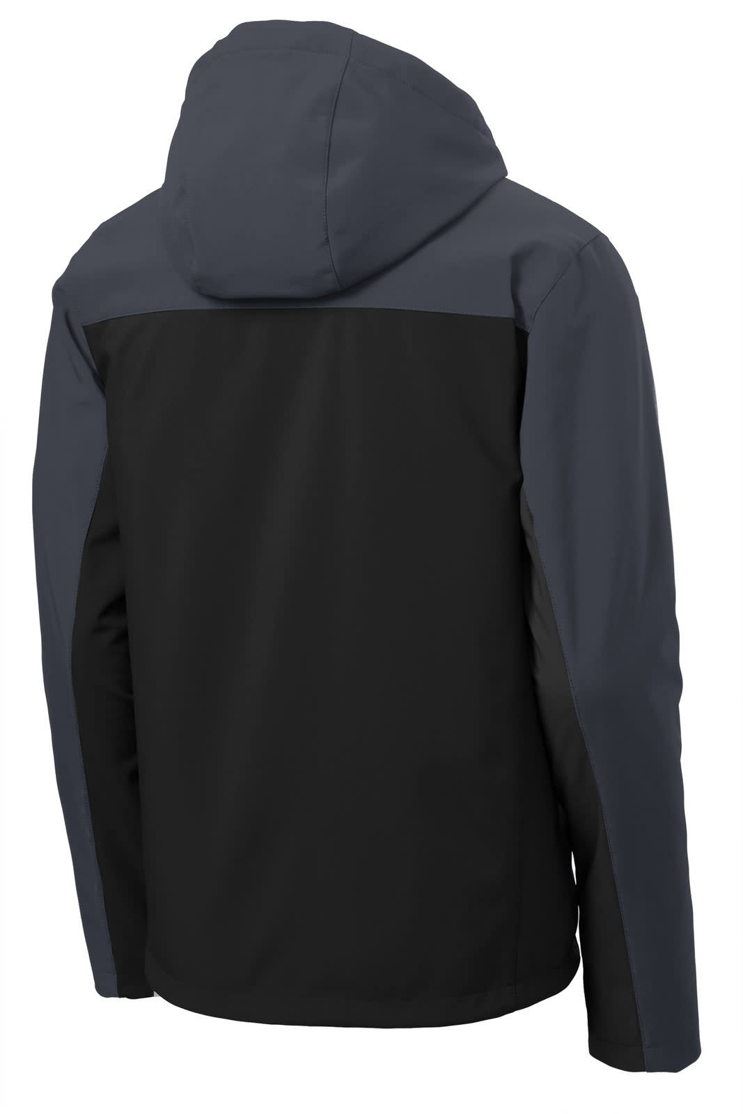 A soft shell jacket in black with a grey hood and upper section, featuring branding on the fabric.