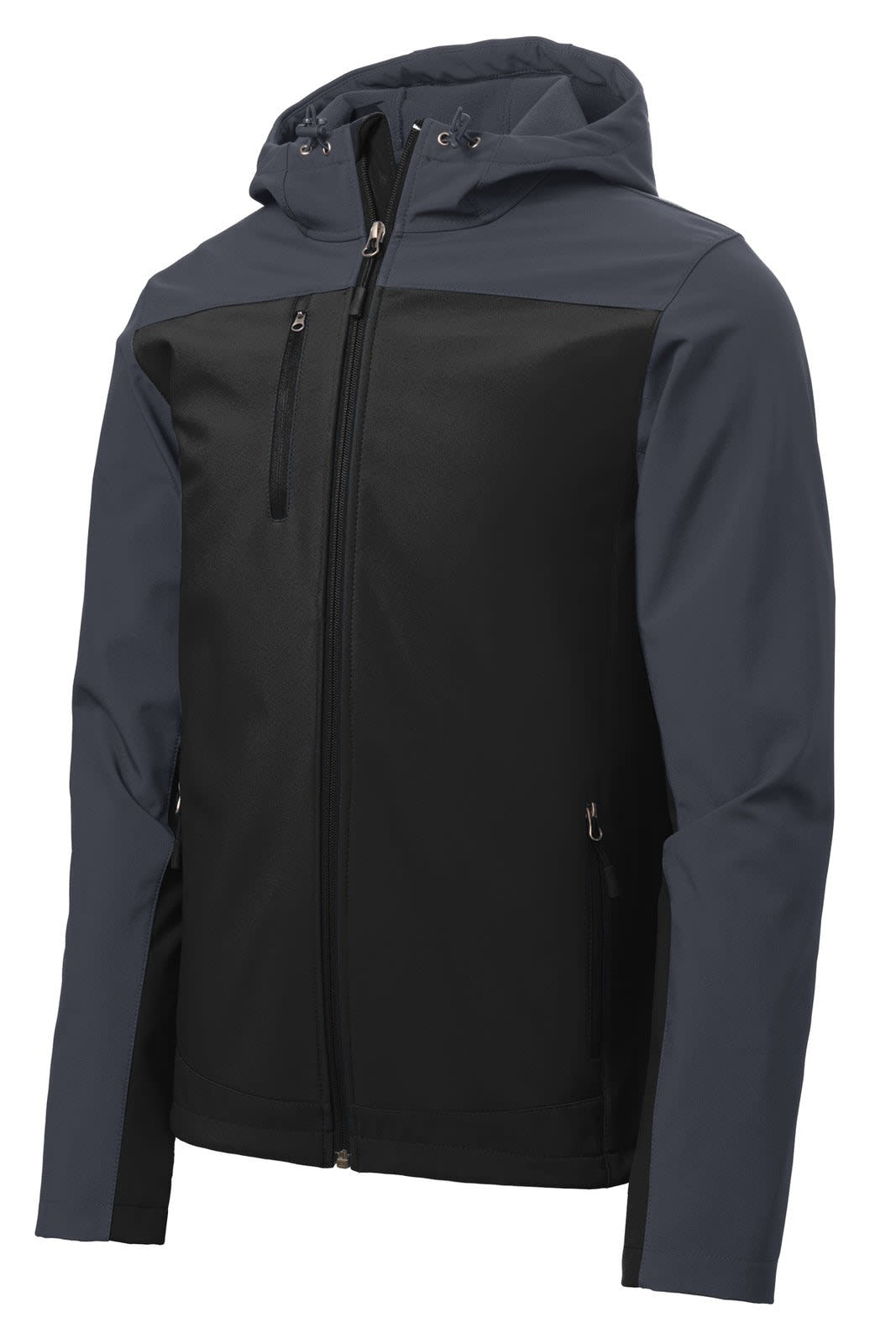 A hooded soft shell jacket in navy and black, featuring a front zipper and pockets, with a branding logo.