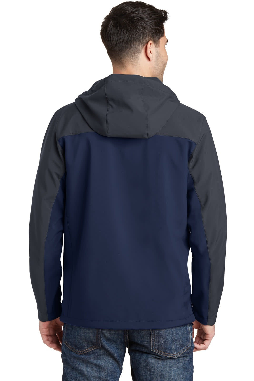 A man in a navy and grey hooded soft shell jacket, viewed from the back. The jacket features a logo.