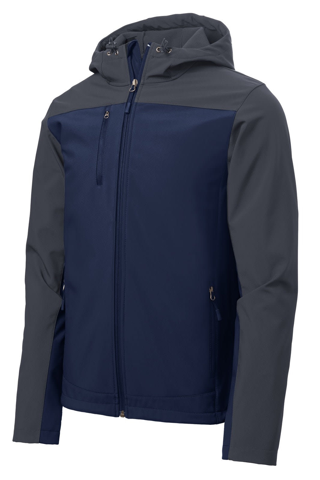 A navy and grey Port Authority Hooded Core Soft Shell Jacket with a logo. Features a zip closure and hood.