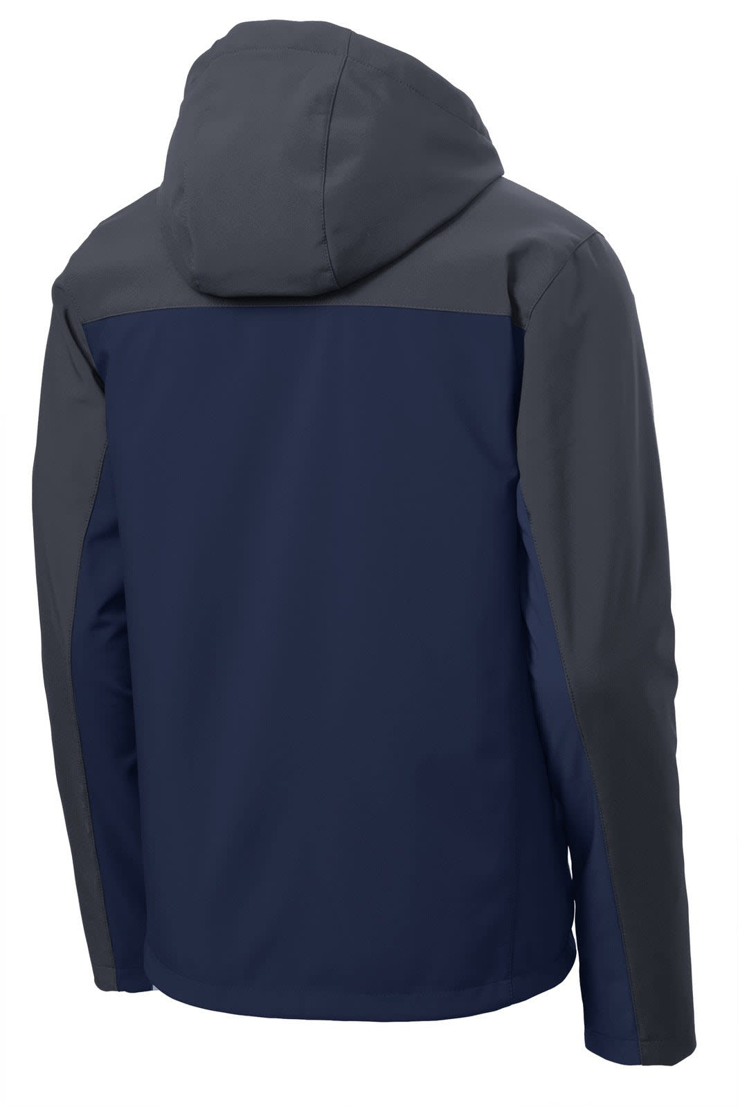 A navy blue and grey hooded soft shell jacket featuring a logo on the back.