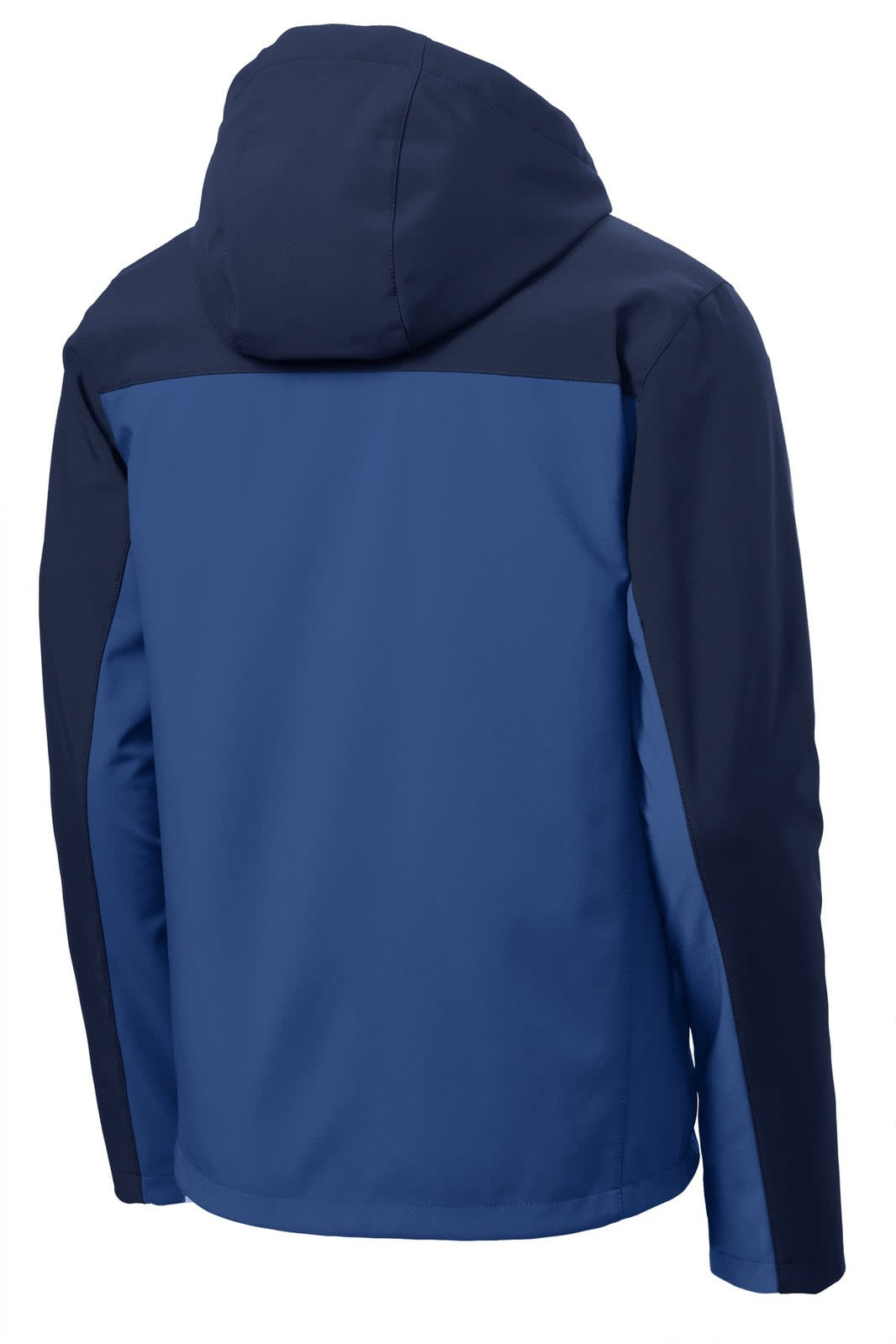 A hooded soft shell jacket in two shades of blue, featuring a logo on the back.