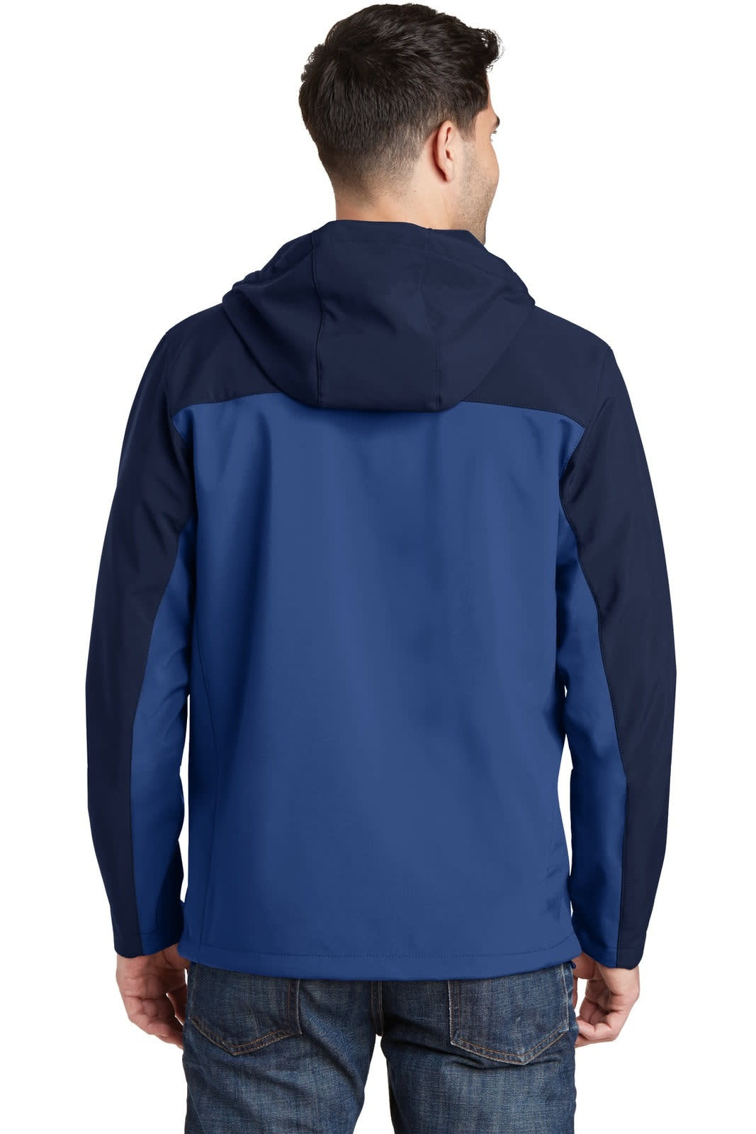 A soft shell jacket in navy blue, featuring a hood and a contrasting back design. It has a logo on it.