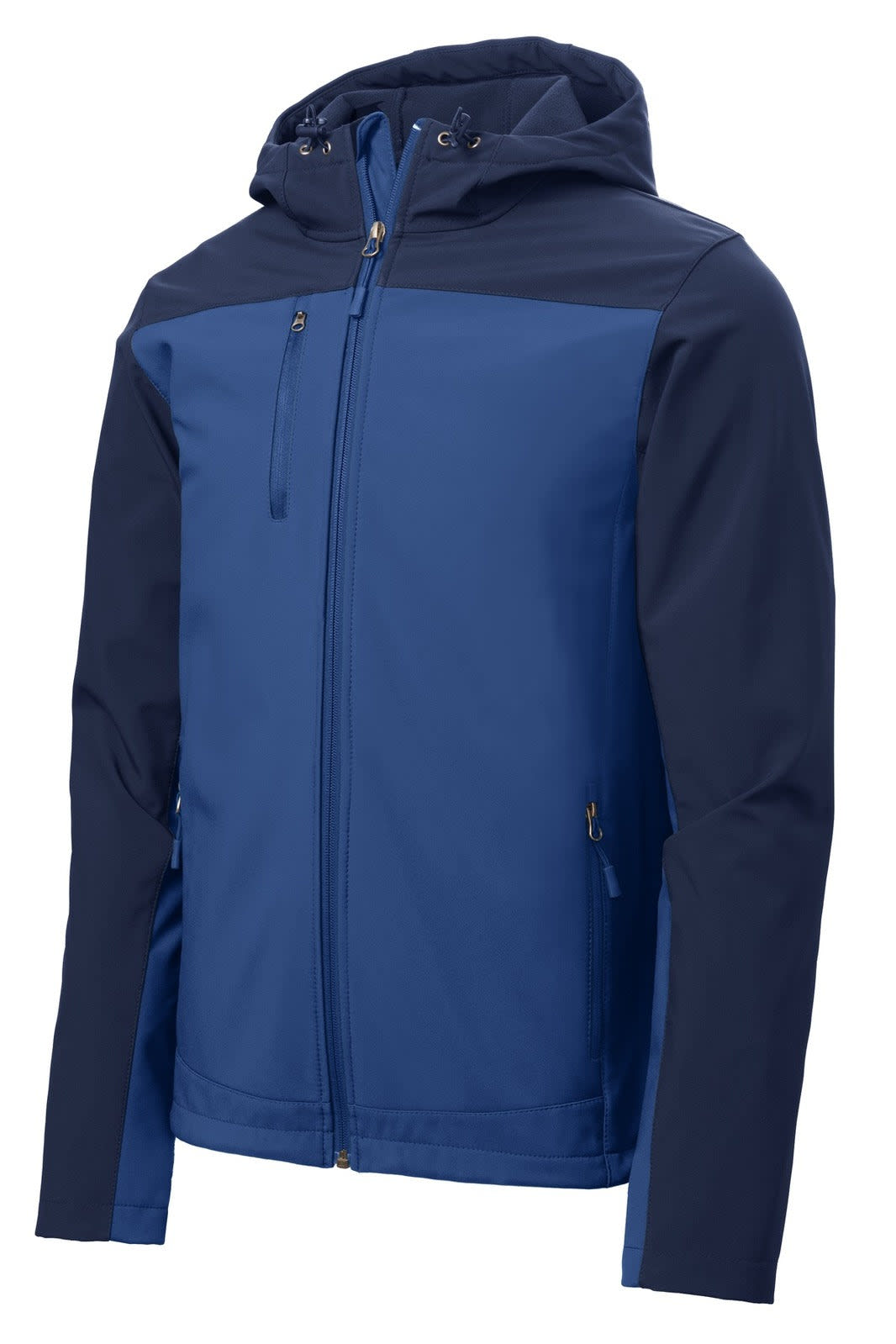 A soft shell jacket in blue, featuring a hood and contrasting navy panels, with a logo on it.
