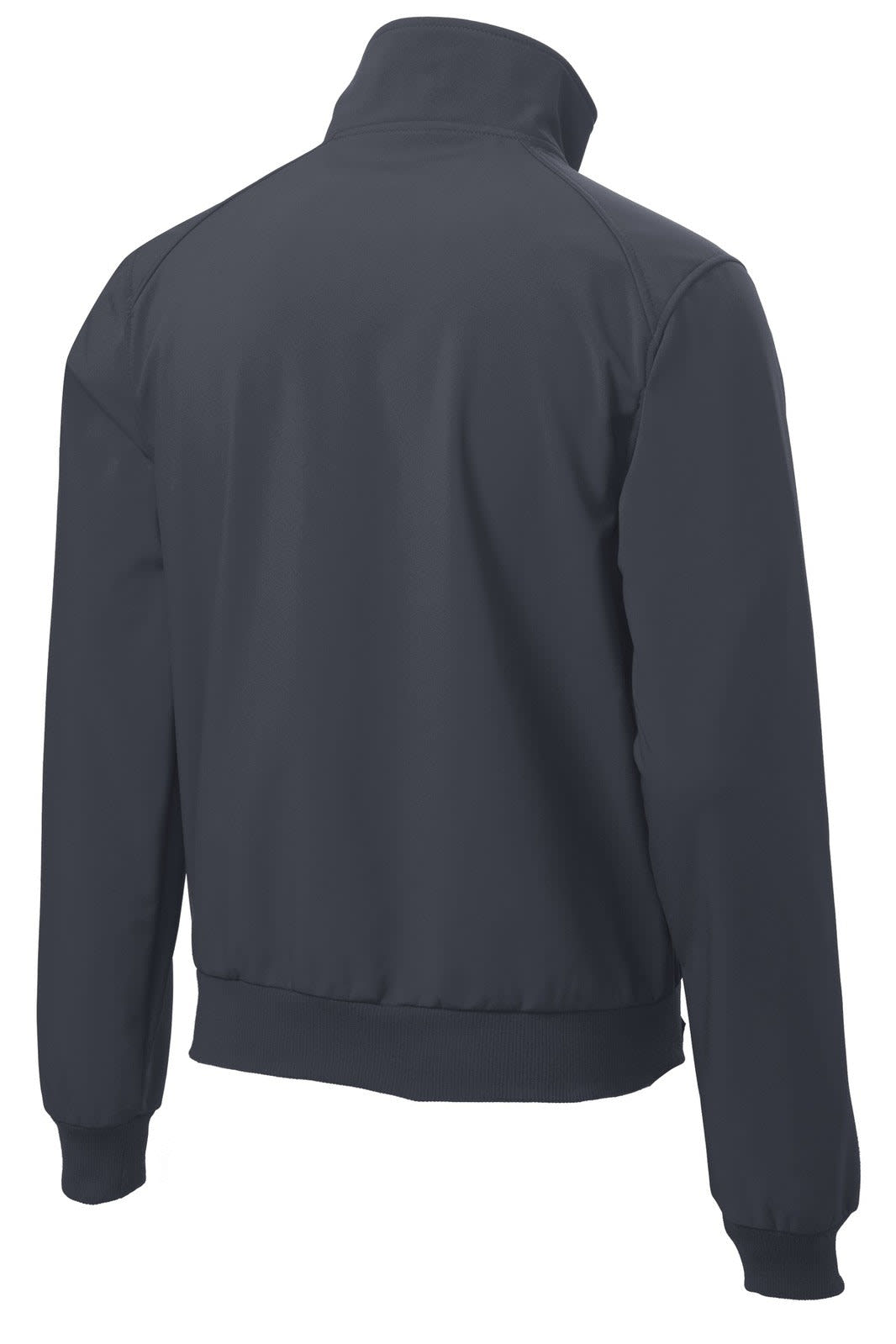 A dark navy soft shell bomber jacket with a high collar and ribbed cuffs. It features a logo on the back.