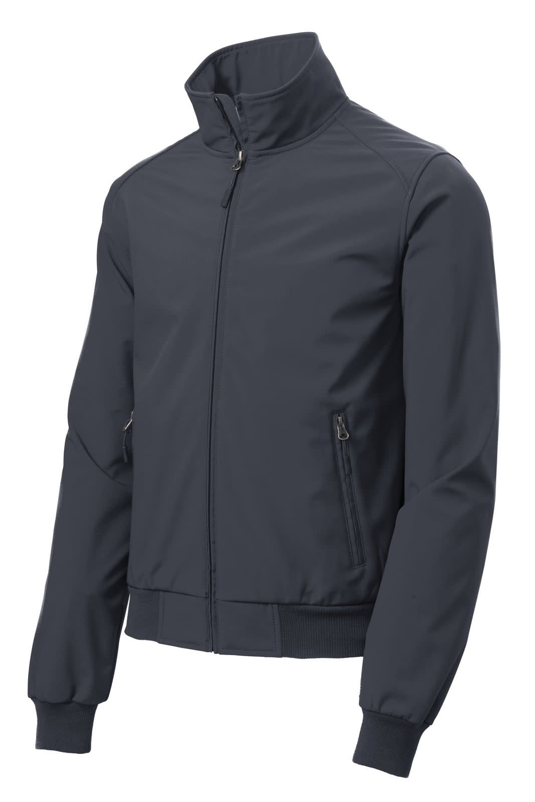 A navy soft shell bomber jacket with a zip front, side pockets, and ribbed cuffs, featuring a logo.