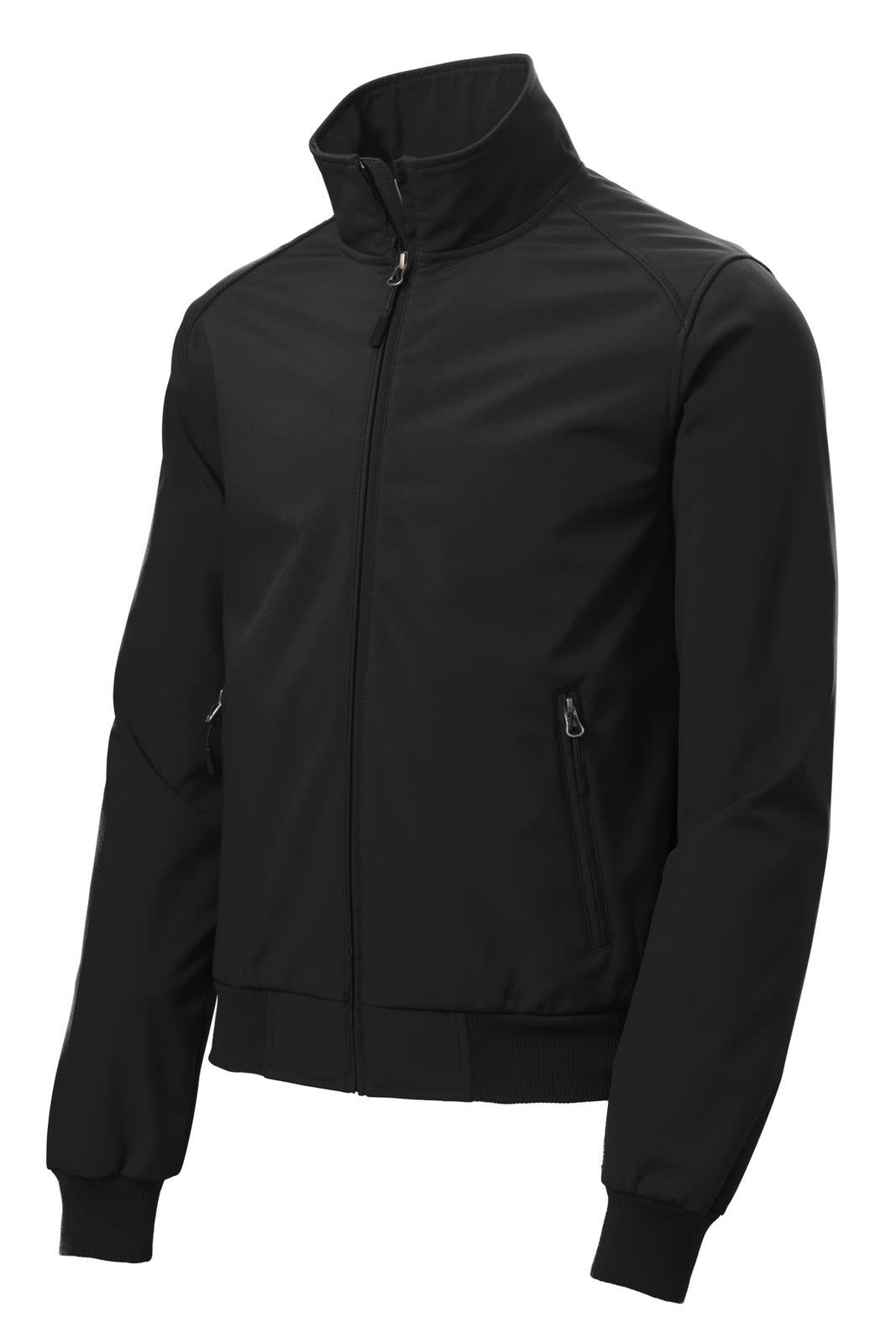 A black soft shell bomber jacket with a zip front and side pockets, featuring a collar and ribbed cuffs.
