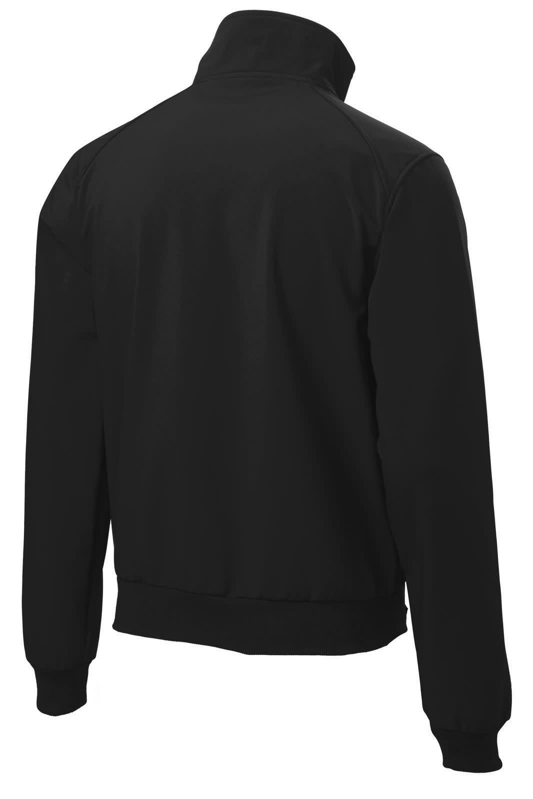 A black Port Authority Soft Shell Bomber Jacket featuring a stylish collar and ribbed cuffs, with a logo present.