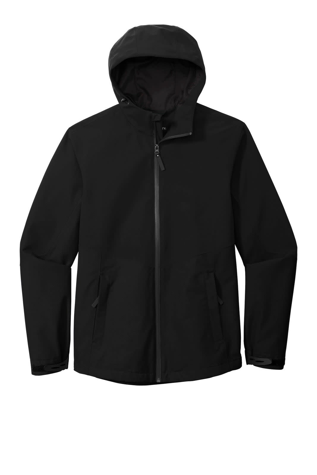 A black rain jacket with a hood, featuring a front zipper and has a logo on it.