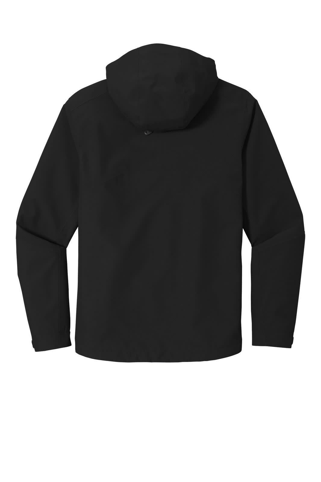 A black rain jacket with a hood, featuring a simple design and a logo.