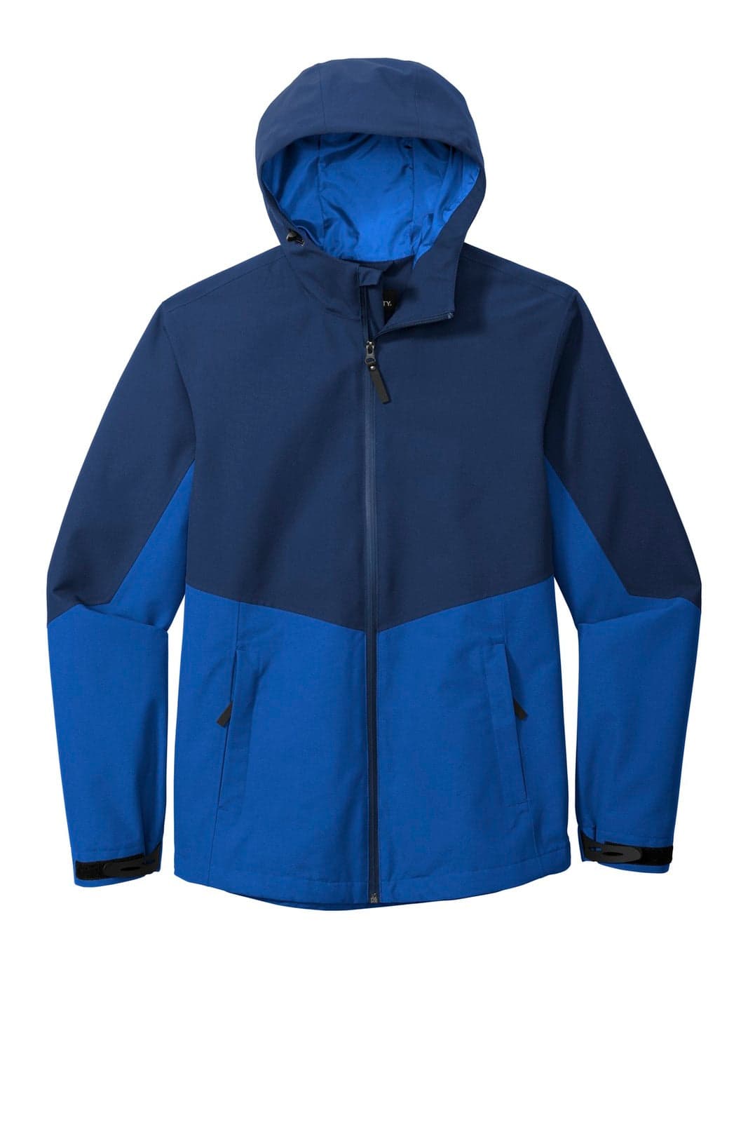A blue rain jacket featuring a hood and two-tone design with darker sleeves and a lighter body. It has a logo on it.