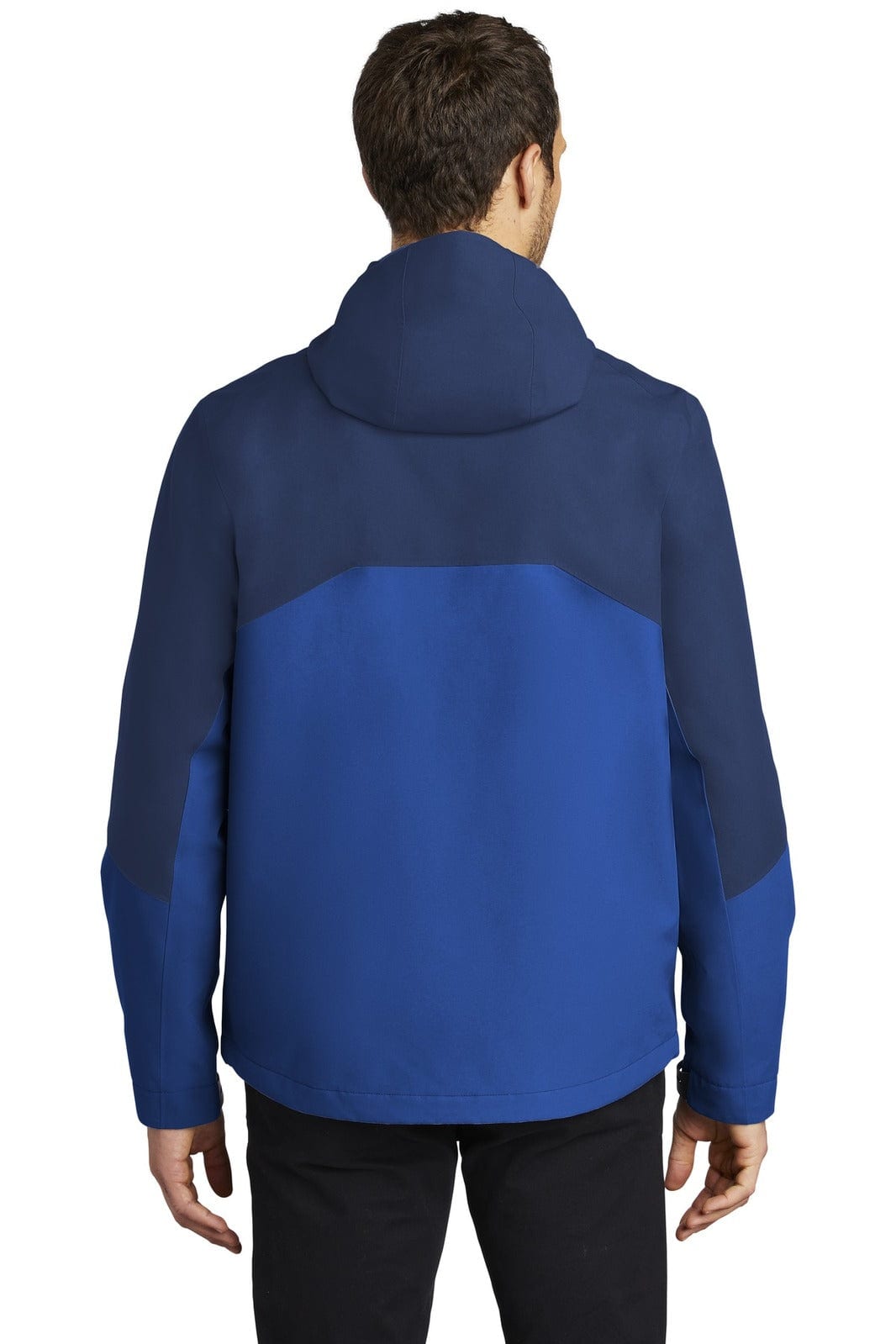 A rain jacket in shades of blue featuring a hood and a logo on the back.