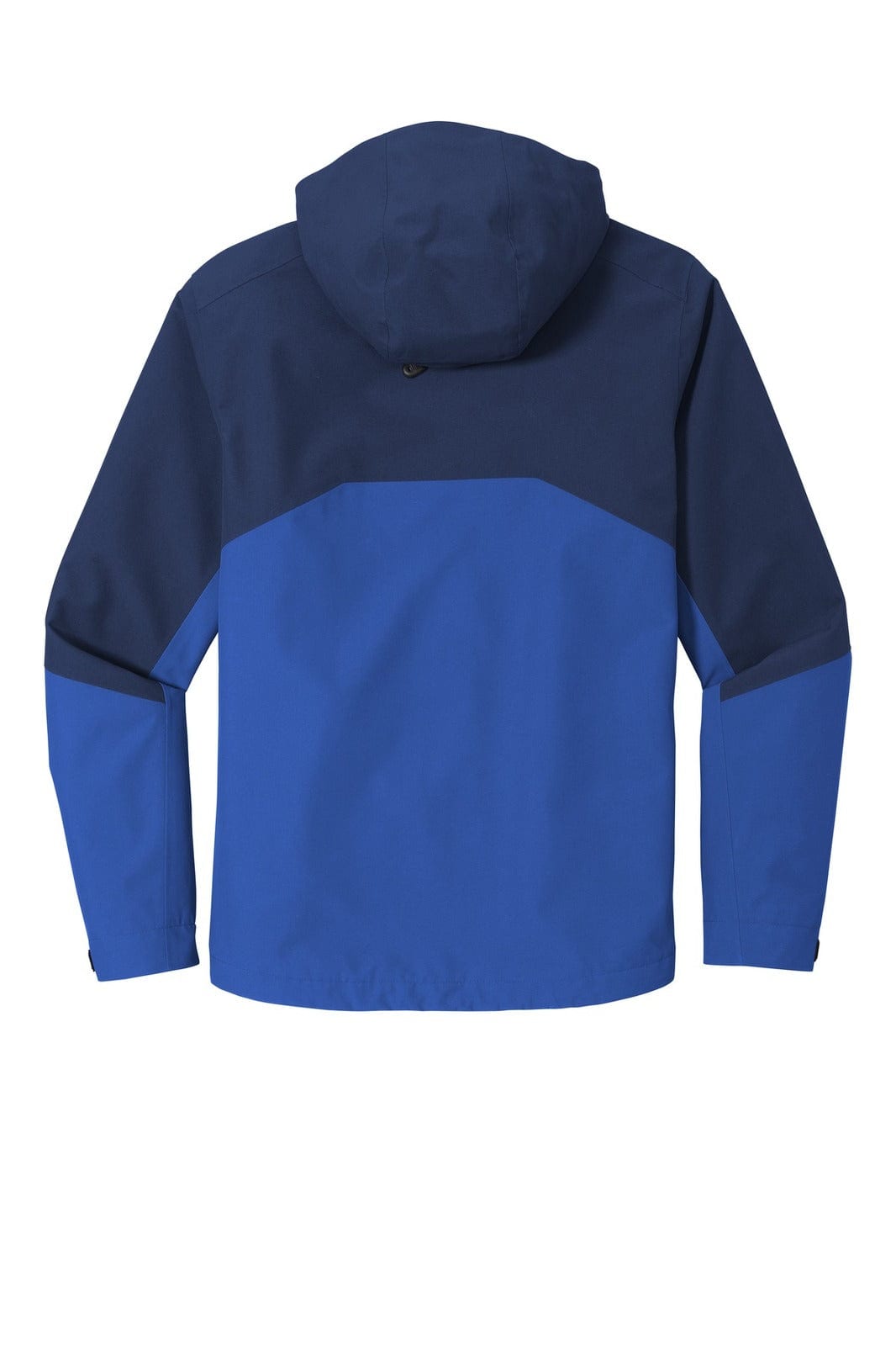 A blue and navy rain jacket featuring a hood and a sleek design, with a logo visible on the back.