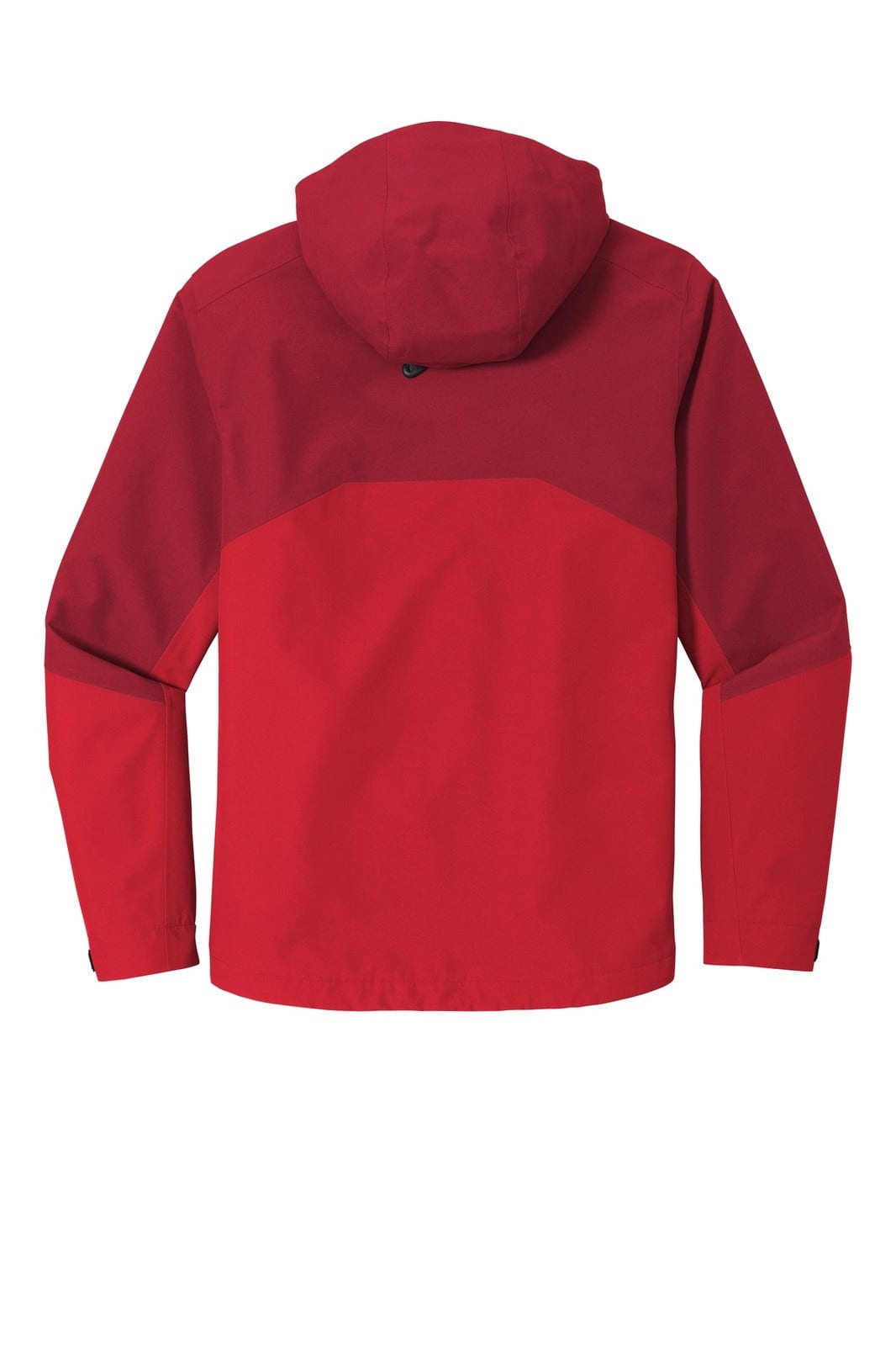 A red rain jacket featuring a hood and a logo, showcasing a two-tone design with a darker upper section.