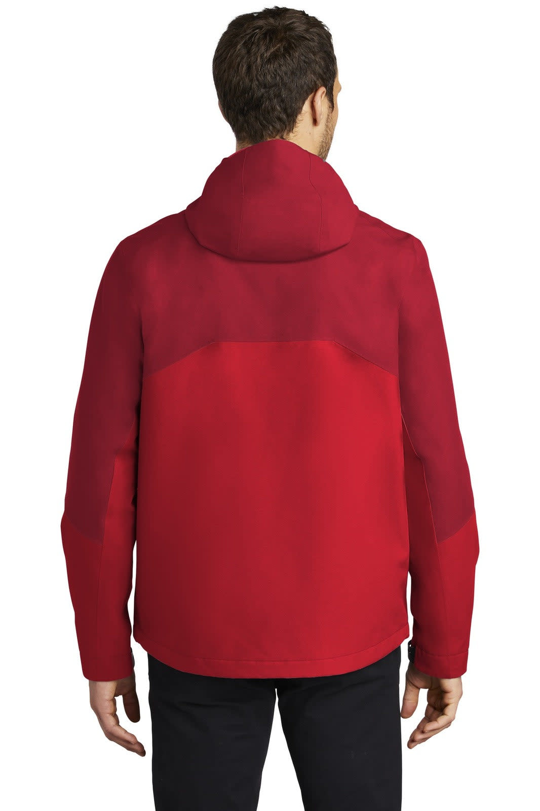 A red rain jacket with a hood, featuring a branded logo, viewed from the back.