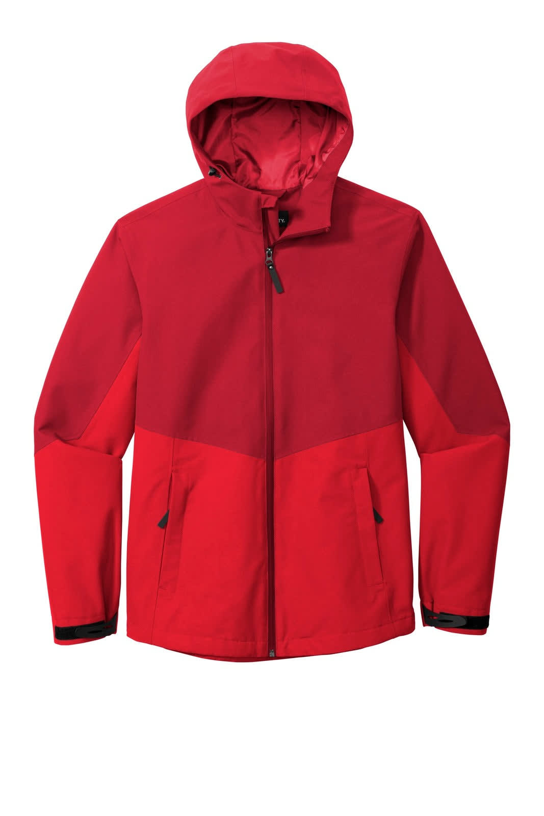 A red rain jacket featuring a hood, zip closure, and adjustable cuffs, with a logo on the front.