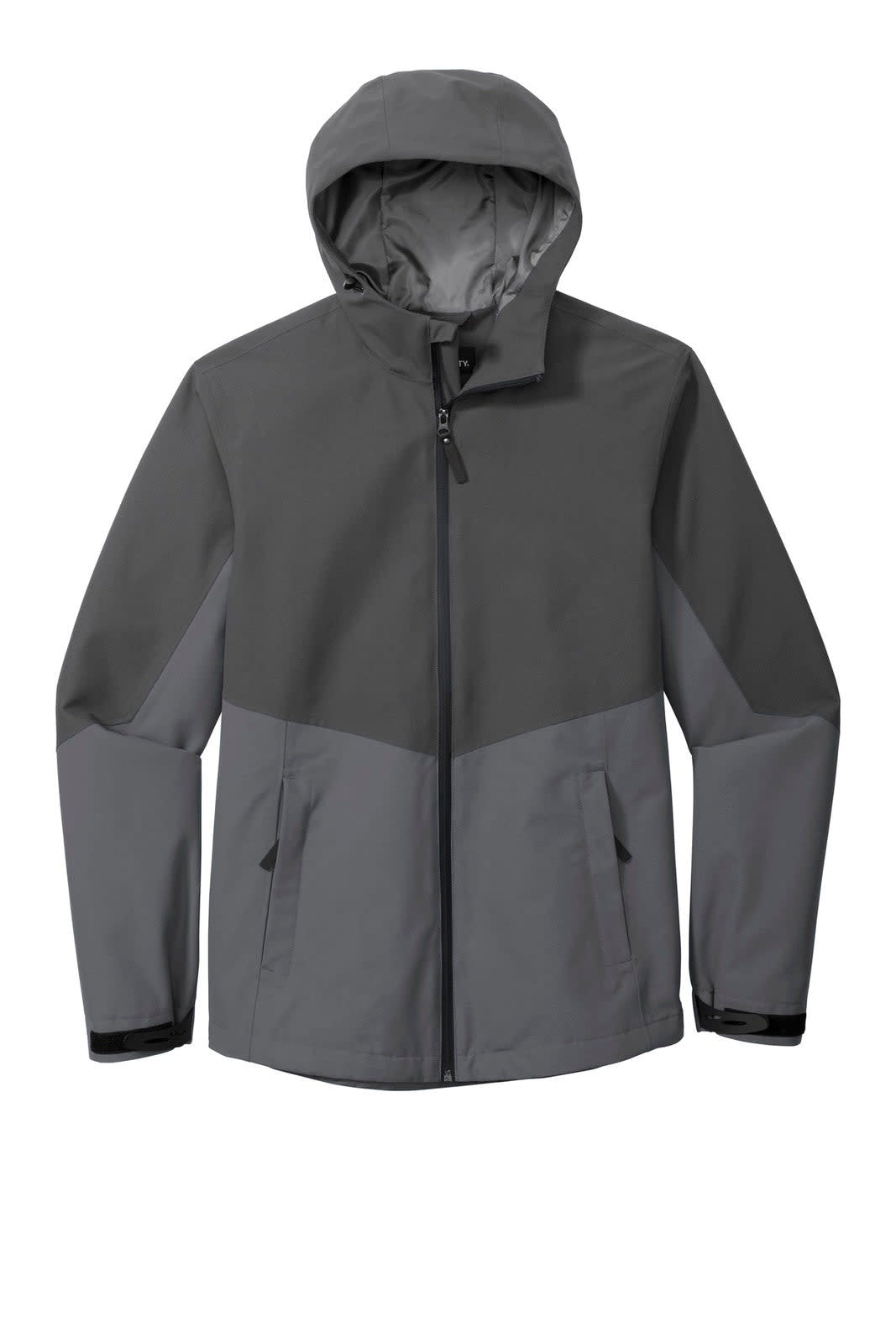 A grey rain jacket featuring a hood and a two-tone design, accompanied by logos on the front.