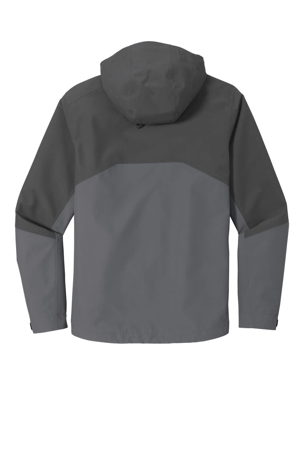 A grey rain jacket with a hood, featuring a colour-block design and a logo on the back.