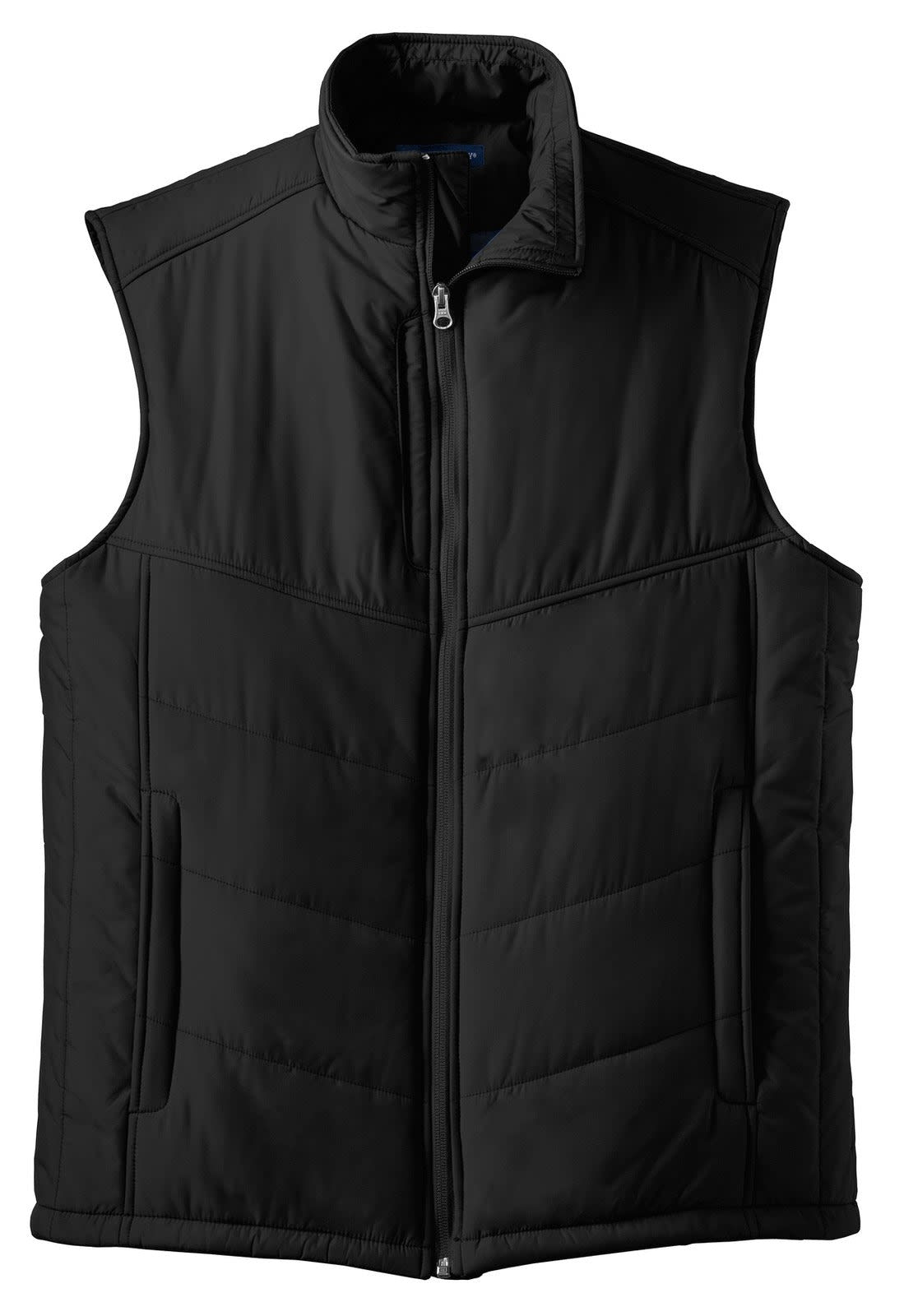 A black puffy vest featuring a zippered front and two side pockets. It has a simple design with a logo.